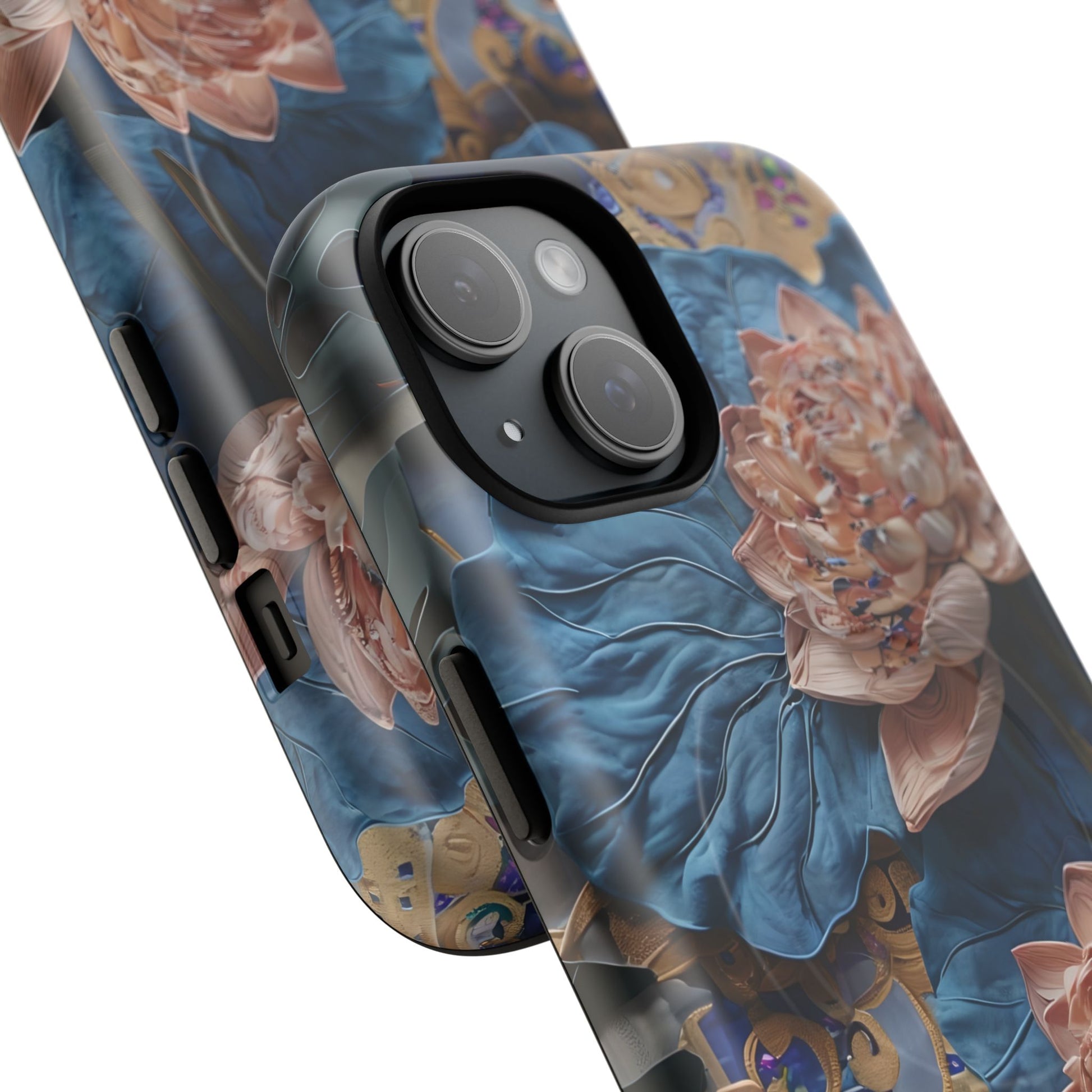 Peony Midnight Tapestry - iPhone 15 - MagSafe Compatible - Elegant Blue & Blush Artful Phone Cover