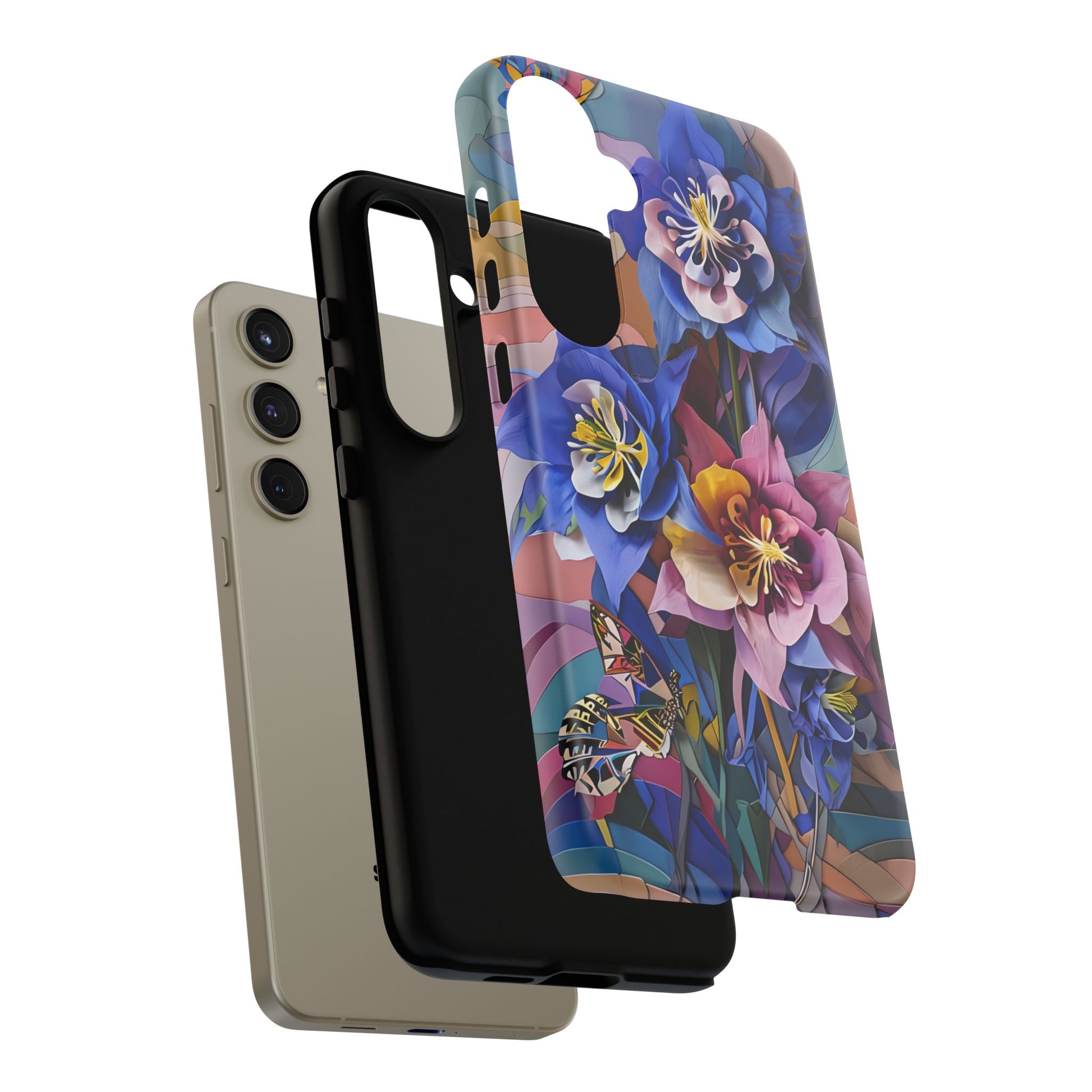Blue Columbine Carnivale - Artistic Floral & Butterfly Samsung S24 Plus Tough Phone Case - Vibrant Botanical Design