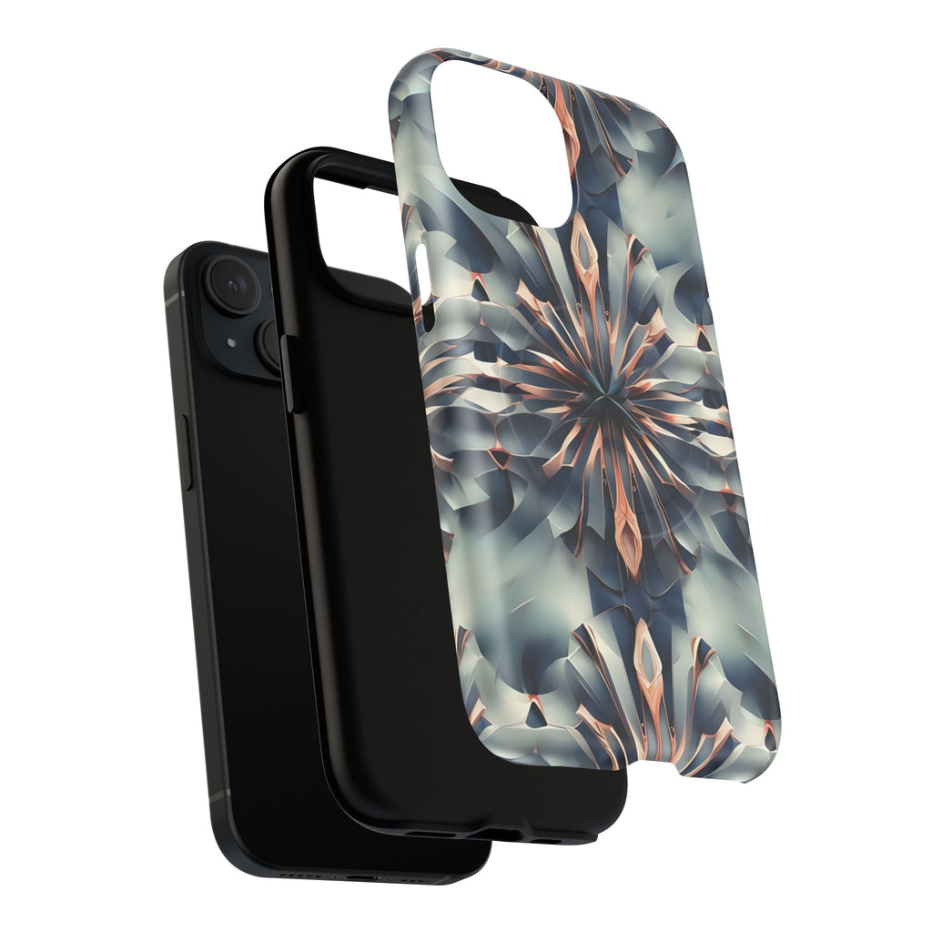 Obsidian Kaleidoscope Artistic Floral Burst - iPhone 15 MagSafe Phone Case -Blue, Peach and Silver Symmetrical Design