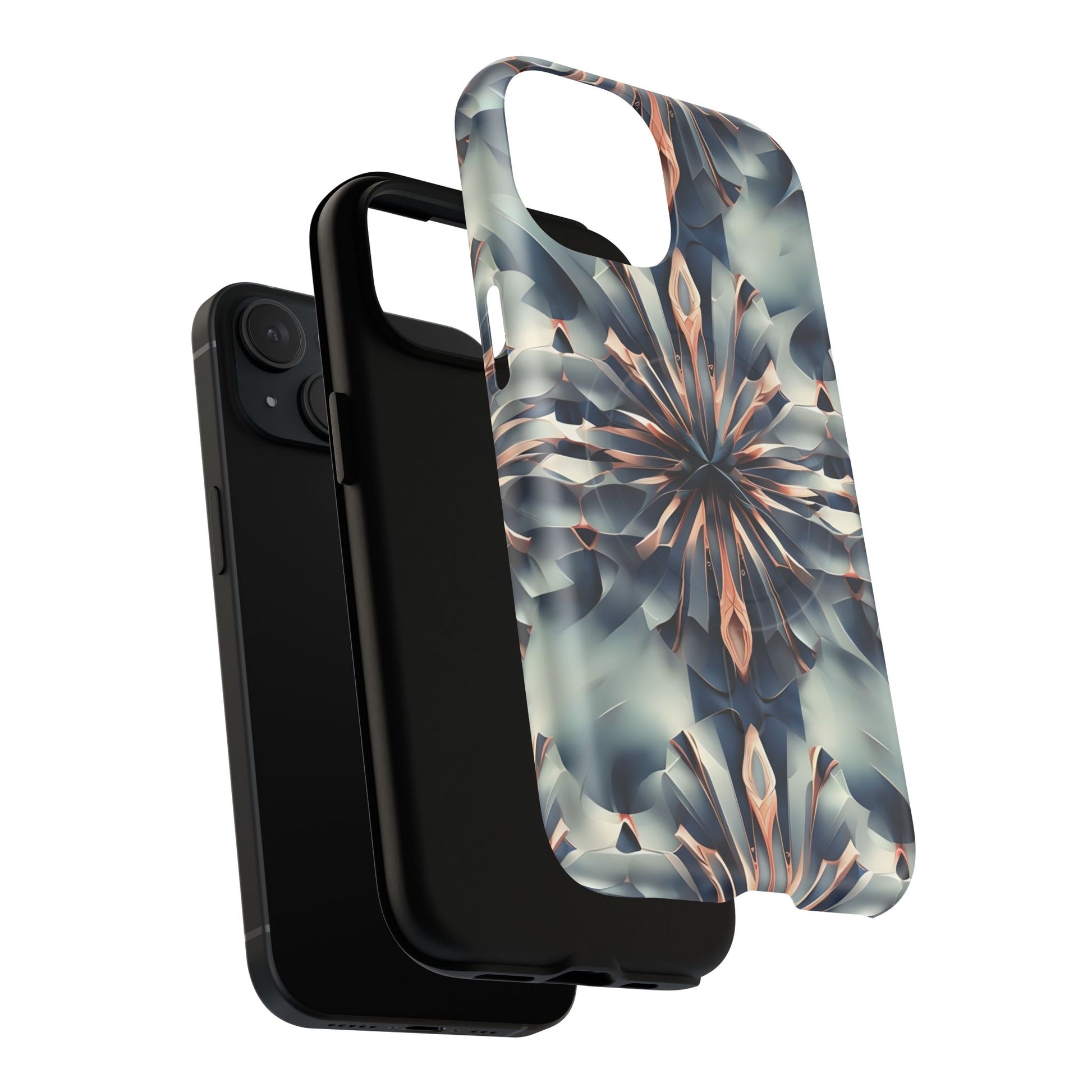 Obsidian Kaleidoscope Artistic Floral Burst - iPhone 15 MagSafe Phone Case -Blue, Peach and Silver Symmetrical Design