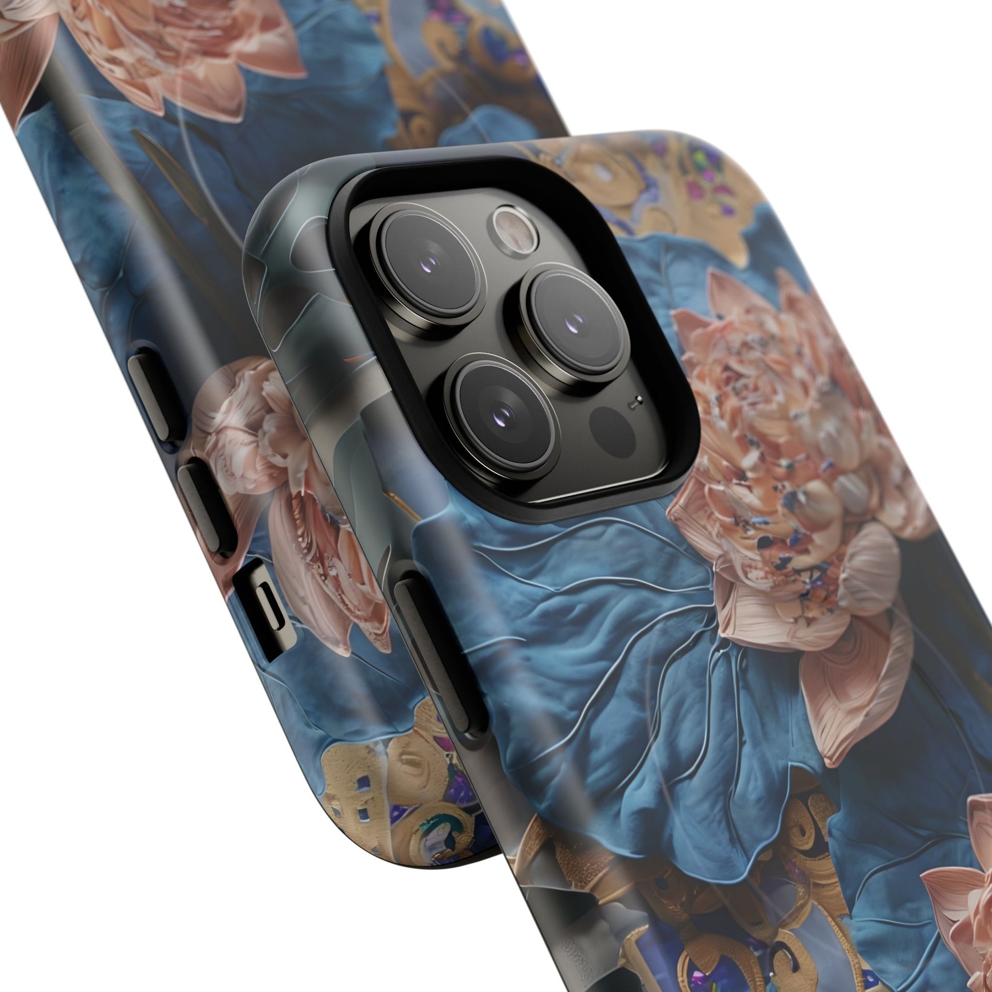 Peony Midnight Tapestry - iPhone 14 Pro Max - MagSafe Compatible - Elegant Blue & Blush Artful Phone Cover