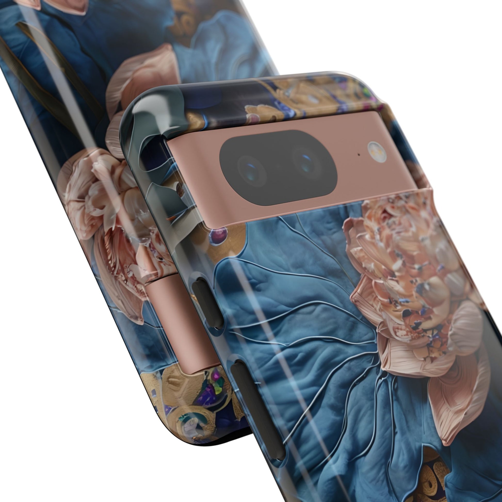 Peony Midnight Tapestry - Google Pixel 8 - Elegant Blue & Blush Artful Phone Cover