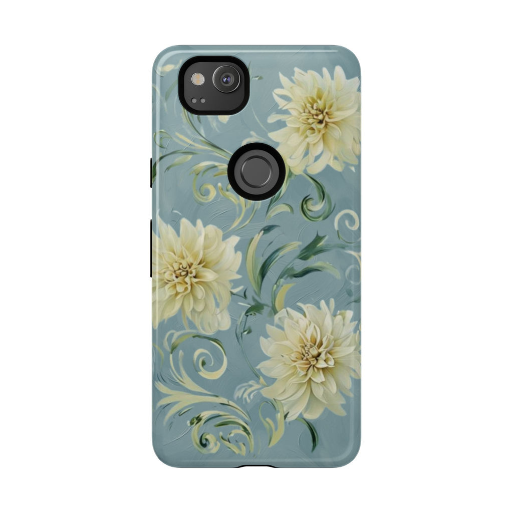 Golden Dahlia Trio - Elegant Floral Google Pixel 2 Tough Phone Case - Artistic White & Blue Dahlia Design