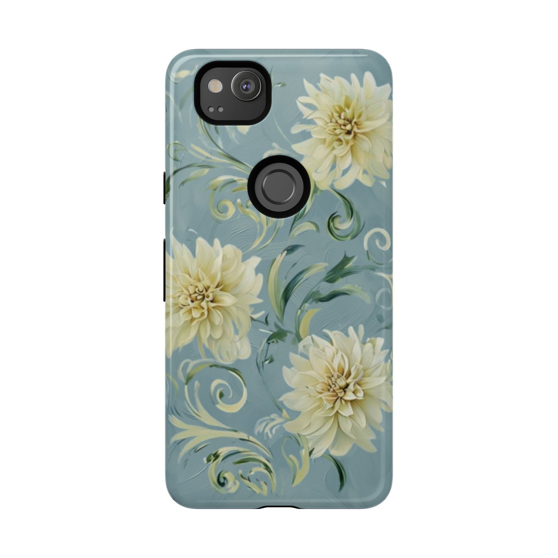Golden Dahlia Trio - Elegant Floral Google Pixel 2 Tough Phone Case - Artistic White & Blue Dahlia Design