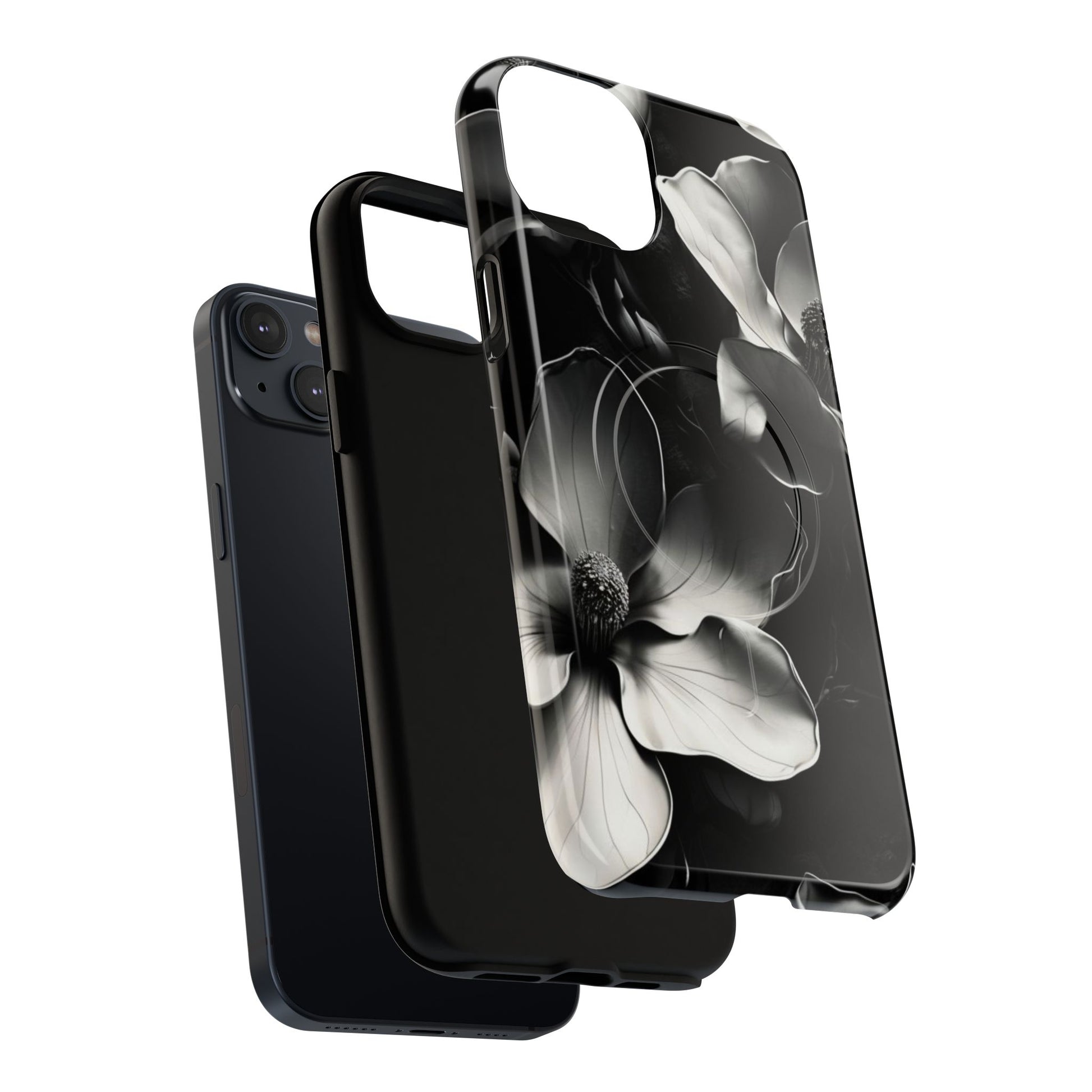 Monochrome Magnolia - Elegant Black & White Floral iPhone 14 Plus MagSafe Phone Case - Artistic Magnolia Design