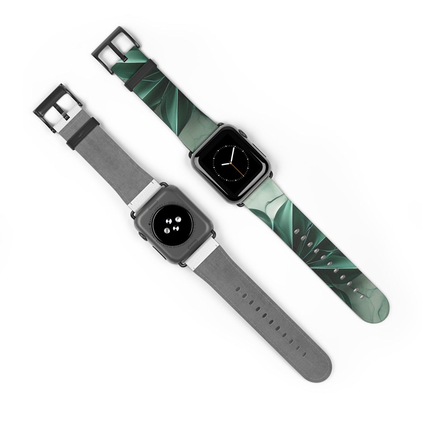 Emerald Bloom Apple Watch bands shown on two watches front and back highlighting emerald, green botanical pattern
