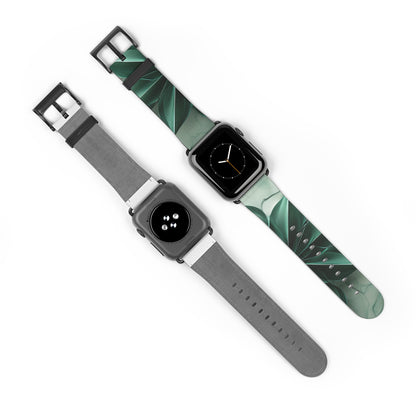 Emerald Bloom Apple Watch bands shown on two watches front and back highlighting emerald, green botanical pattern