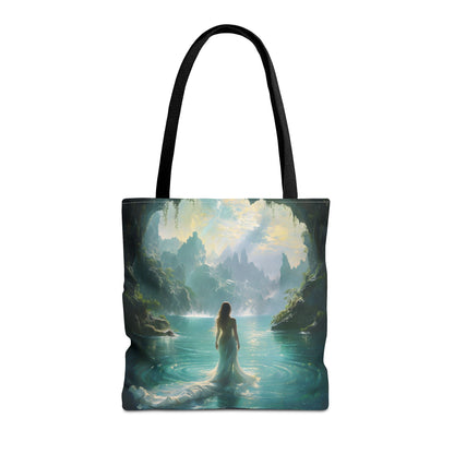 Celestial Tides canvas tote bag featuring an elegant woman looking over a flowing teal and ocean-inspired design with black handles