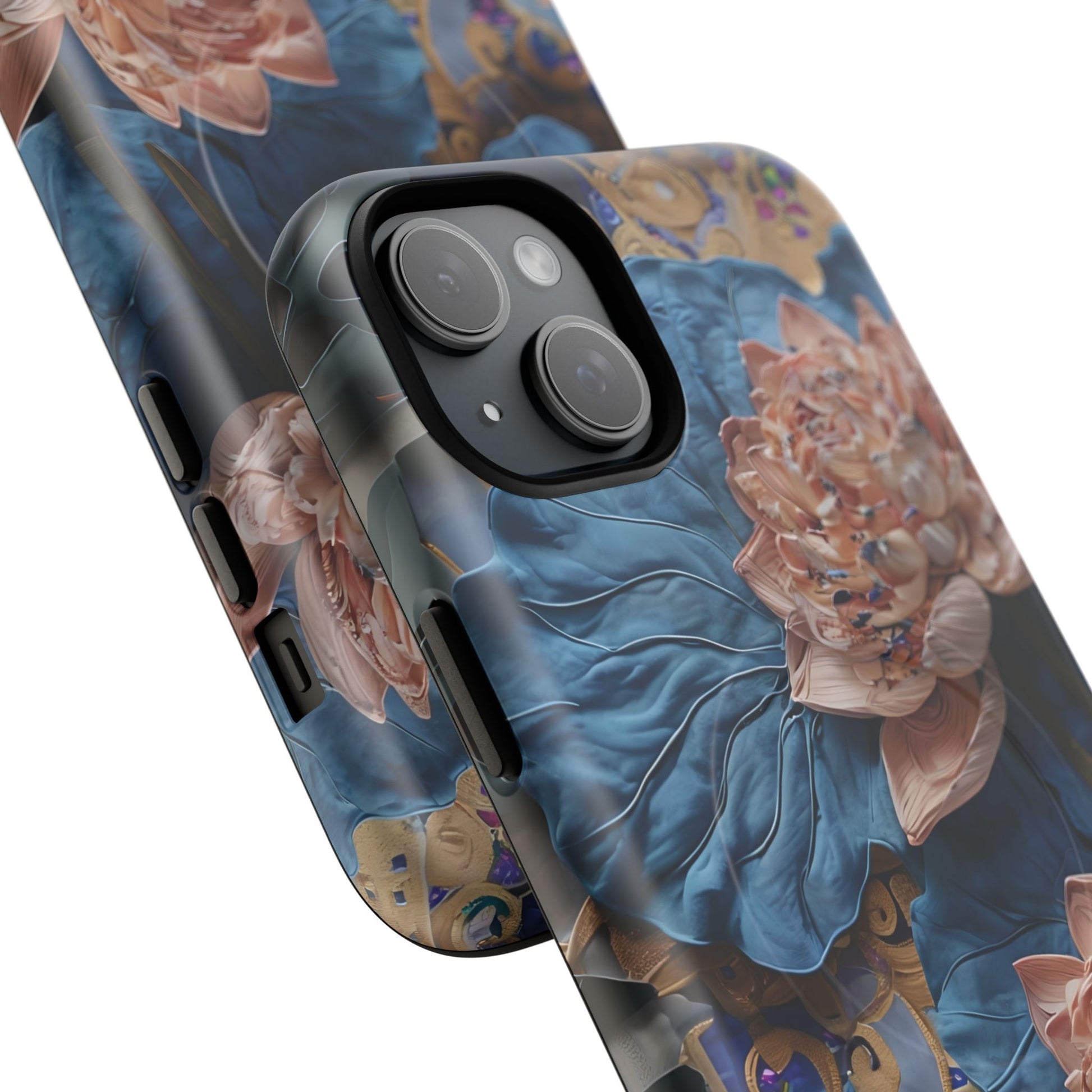 Peony Midnight Tapestry - iPhone 15 Plus - MagSafe Compatible - Elegant Blue & Blush Artful Phone Cover