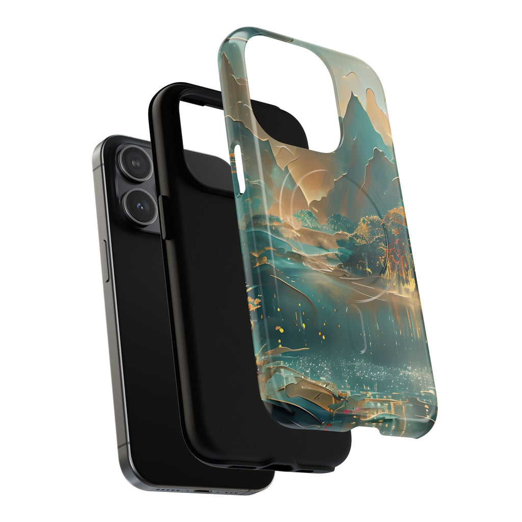 Misty Horizon - Serene Landscape Art iPhone 15 Pro MagSafe Phone Case - Tranquil Mountain & Lake Design