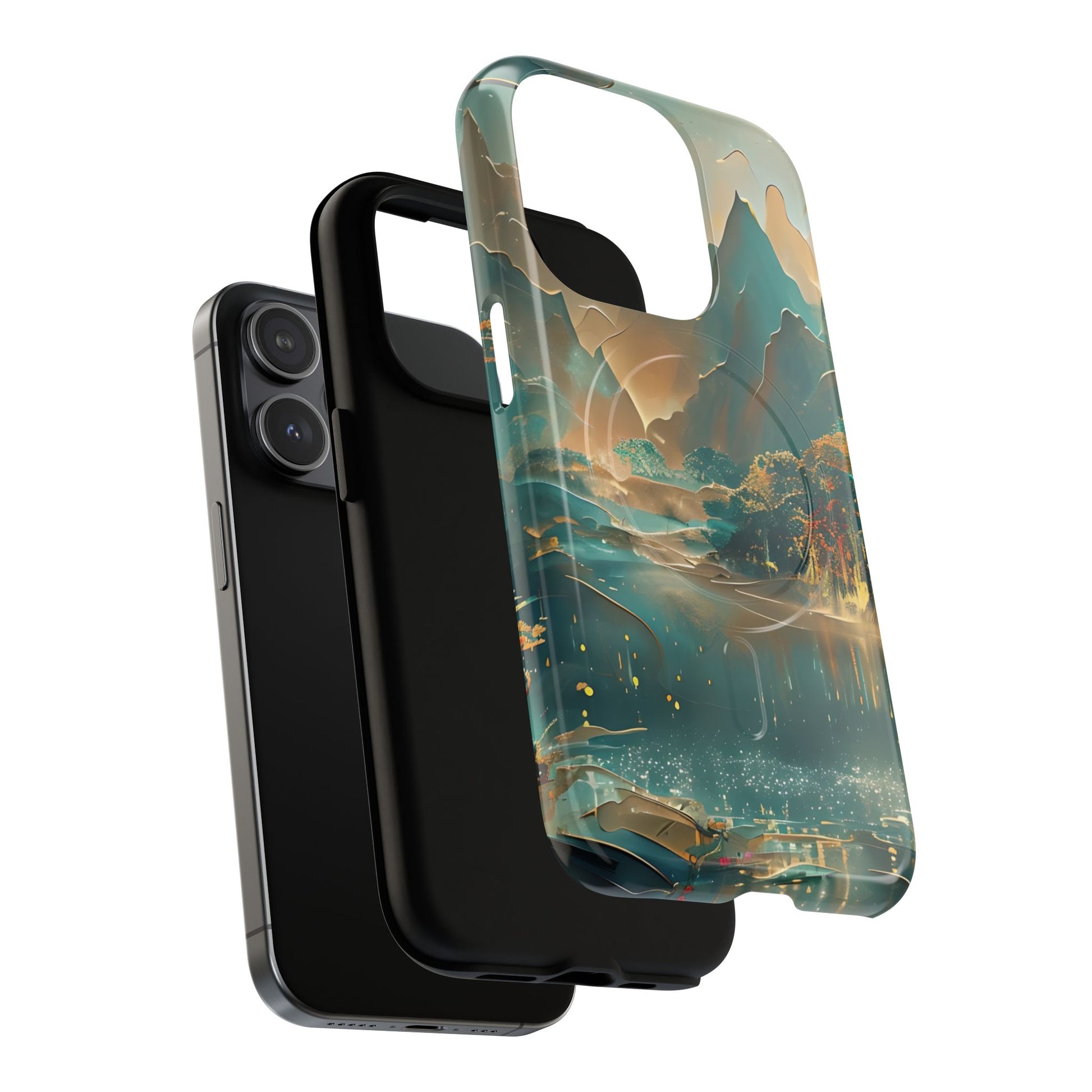 Misty Horizon - Serene Landscape Art iPhone 15 Pro MagSafe Phone Case - Tranquil Mountain & Lake Design