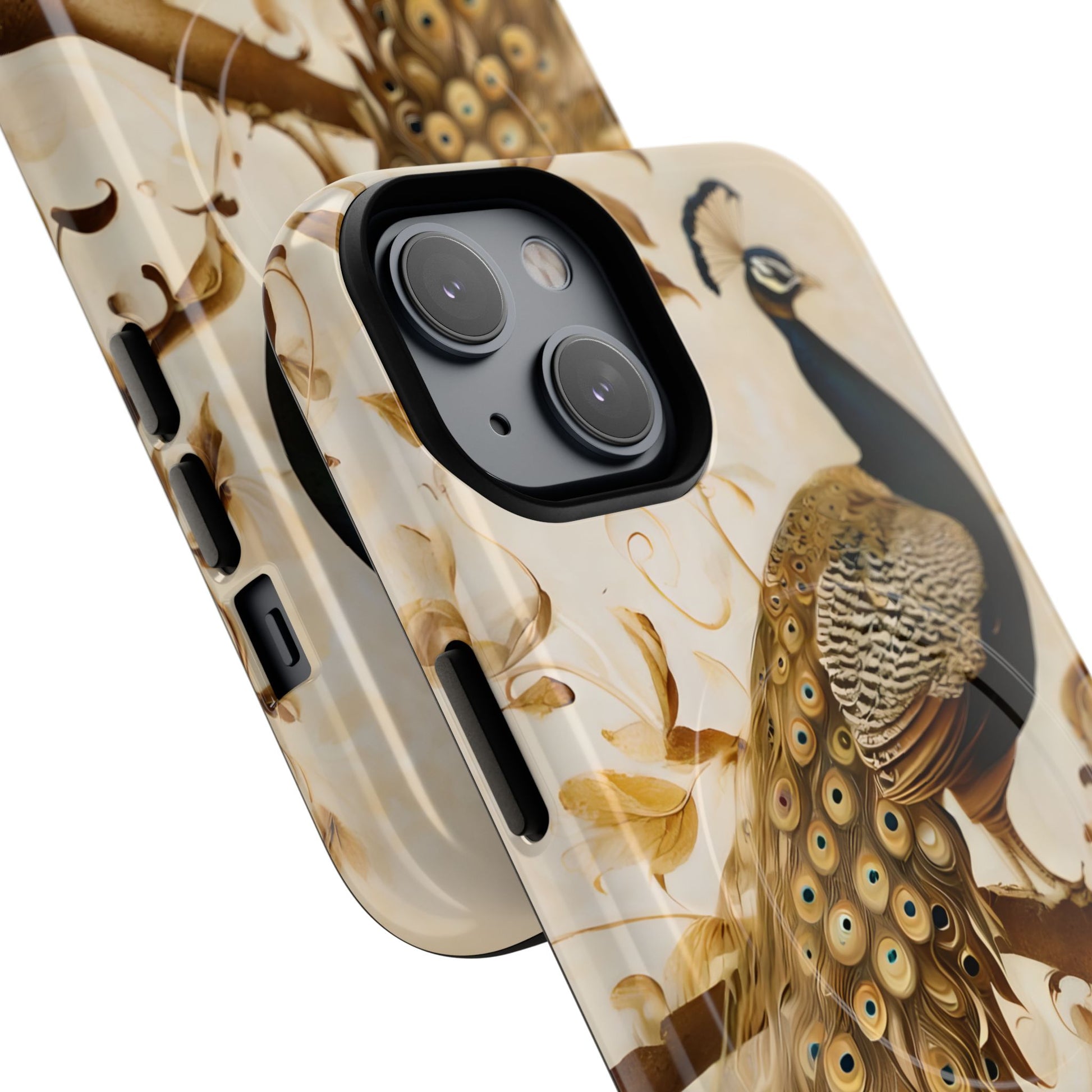 Golden Plumage - Luxe Peacock Art iPhone 14 Phone Case - MagSafe Compatible - Elegant Gold & Cream Design
