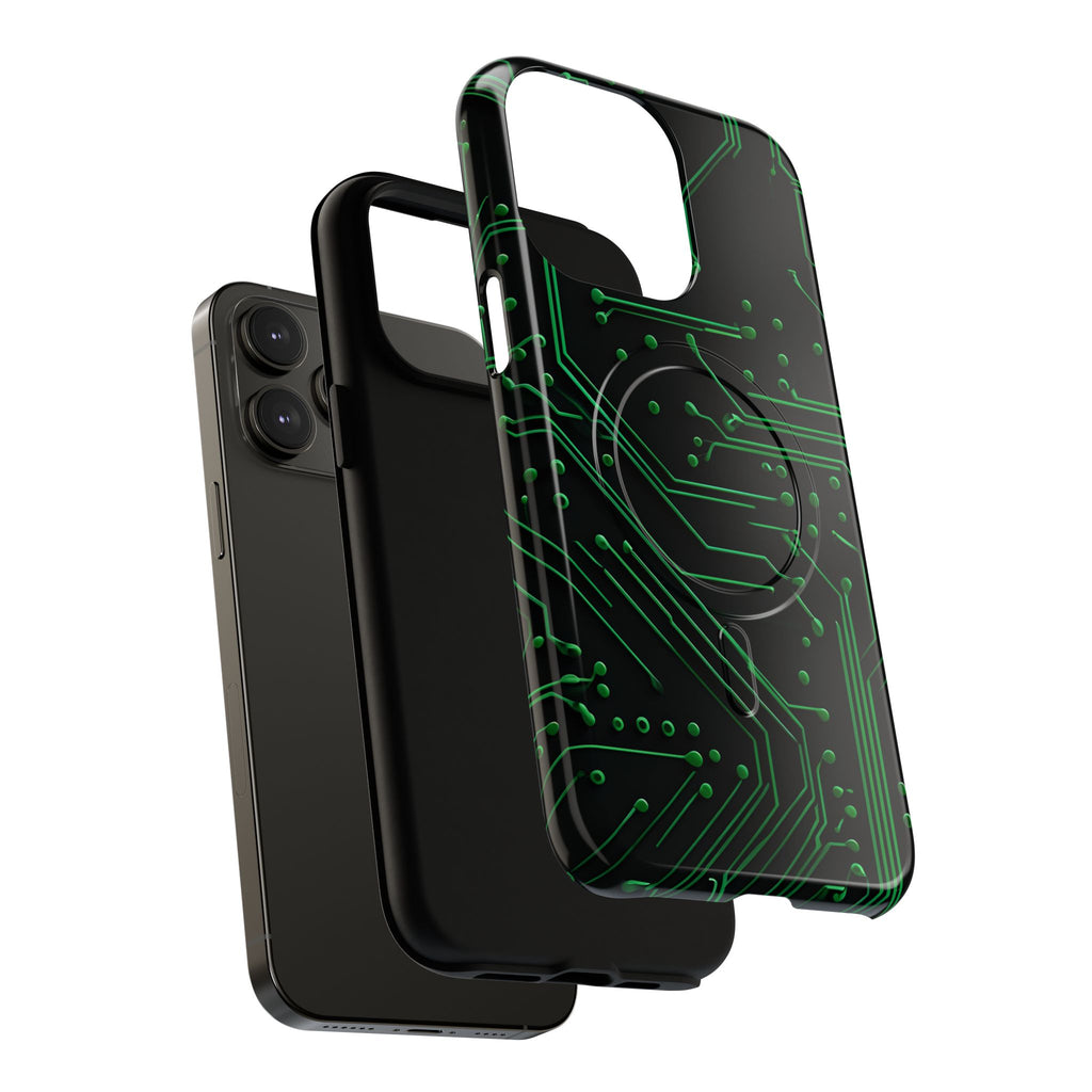 Green Circuit Grid iPhone 14 Pro Max MagSafe Compatible case- Tech-Inspired Shockproof Cover
