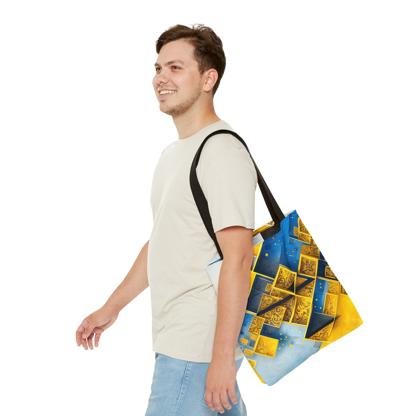 Golden Ascent Tote (16x16 & 18x18)- Bold Gold & Blue Abstract Geometric Design, Eco-Friendly and Durable