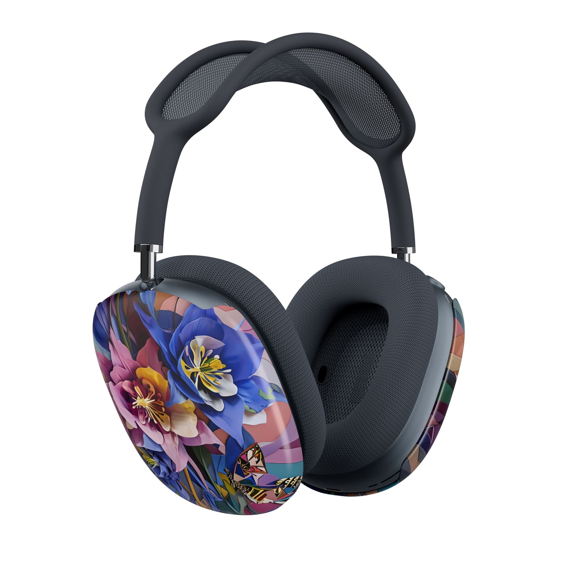 Blue Columbine Carnivale AirPods Max cover set on Apple headphones, vibrant carnival‑inspired columbine flowers and butterfly design for Apple AirPods Max, angled side view