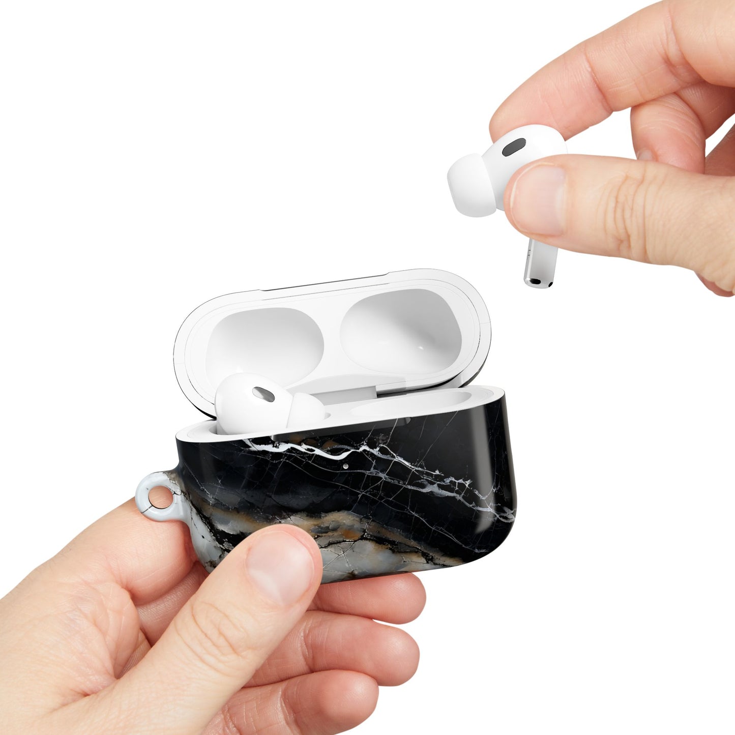 Hand placing AirPods into Obsidian Vein AirPods case with black marble vein design