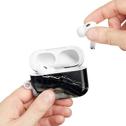 Hand placing AirPods into Obsidian Vein AirPods case with black marble vein design