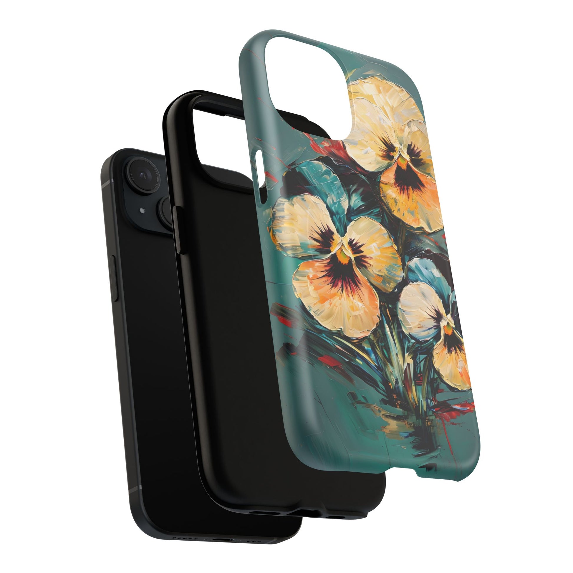 Golden Pansy Cascade - Elegant Floral iPhone 15 MagSafe Case with Deep Teal Background