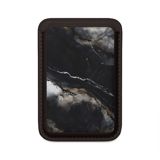 Obsidian Vein MagSafe card holder with black marble and gold veining design on black magnetic wallet.