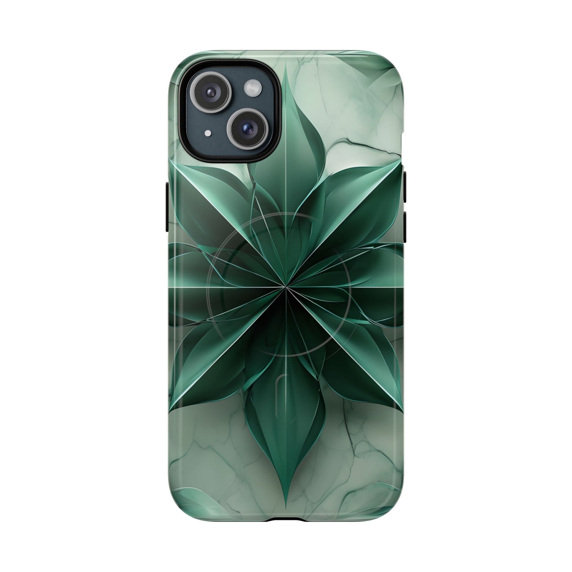 Emerald Bloom iPhone 15 Plus MagSafe Phone Case -Modern Symmetrical Floral Design, Green