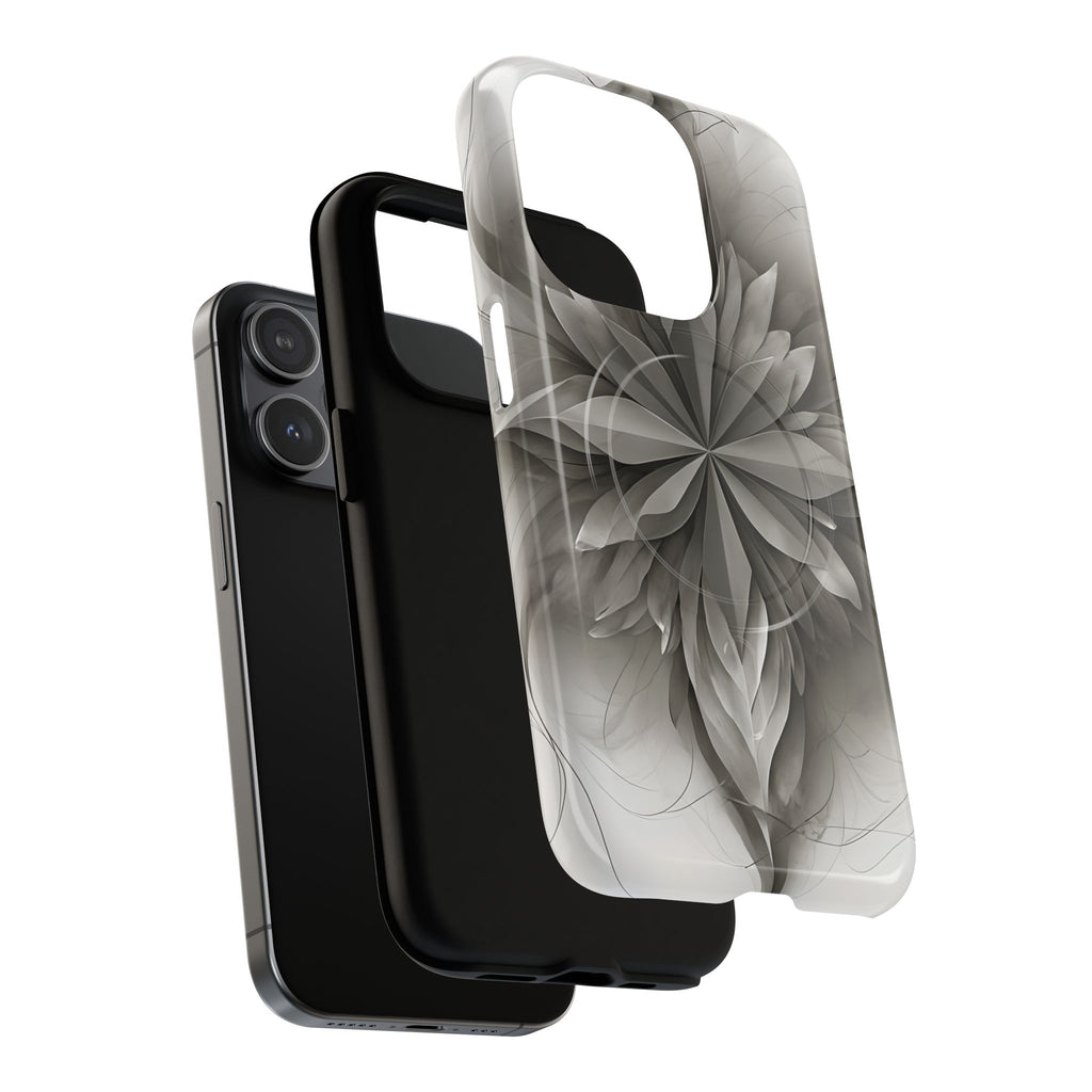 Silver Lotus - Elegant Monochrome Floral iPhone 15 Pro MagSafe Phone Case - Modern Lotus Design