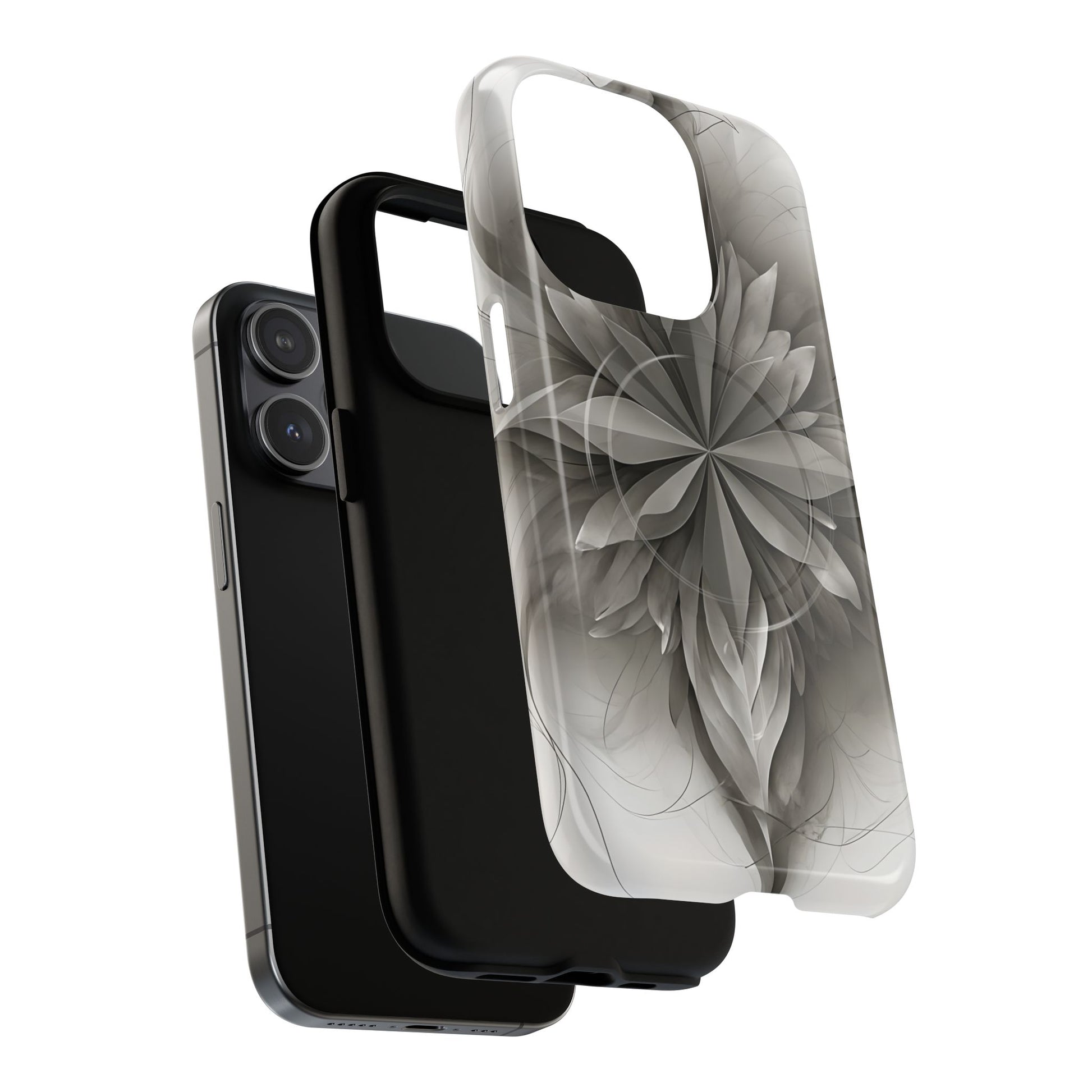 Silver Lotus - Elegant Monochrome Floral iPhone 15 Pro MagSafe Phone Case - Modern Lotus Design
