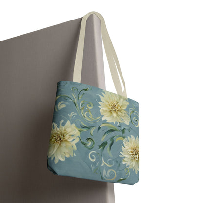 Golden Dahlia Trio canvas tote bag hanging with golden dahlia flower design