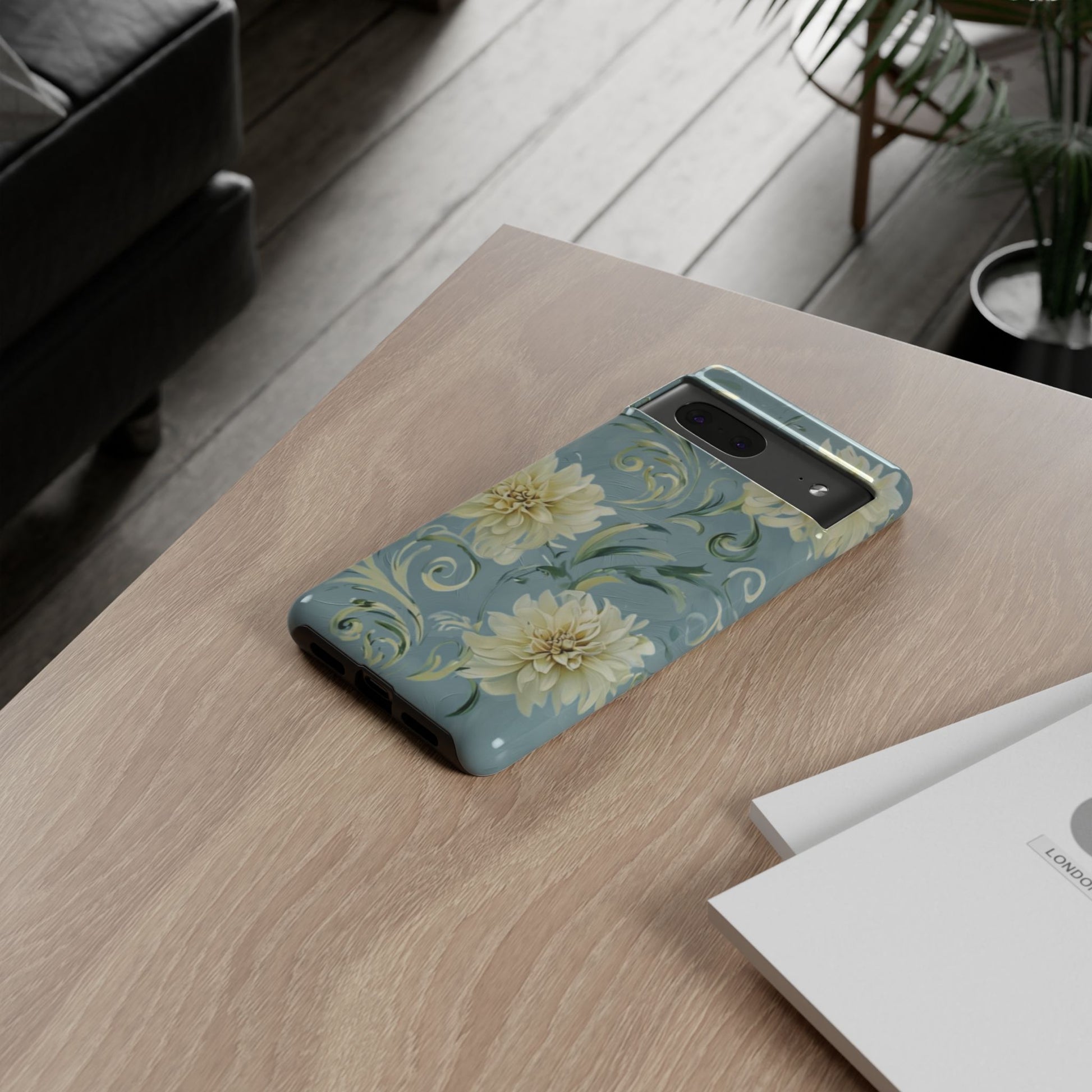 Golden Dahlia Trio - Elegant Floral Google Pixel 7 Tough Phone Case - Artistic White & Blue Dahlia Design