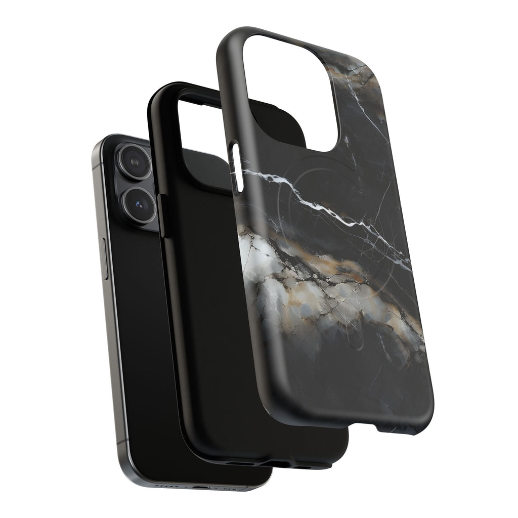 Obsidian Vein iPhone 15 Pro MagSafe Phone Case -Black Neutral Marble Design