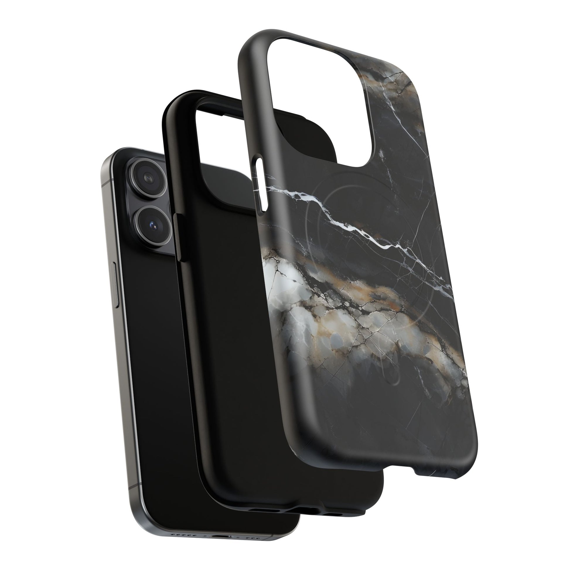 Obsidian Vein iPhone 15 Pro MagSafe Phone Case -Black Neutral Marble Design
