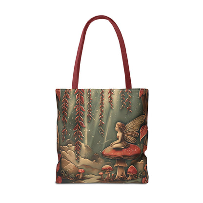 Willow Whisper Tote Bag (16x16 & 18x18)- Enchanted Woodland Scene with Red Handles, Reusable & Eco-Friendly Canvas
