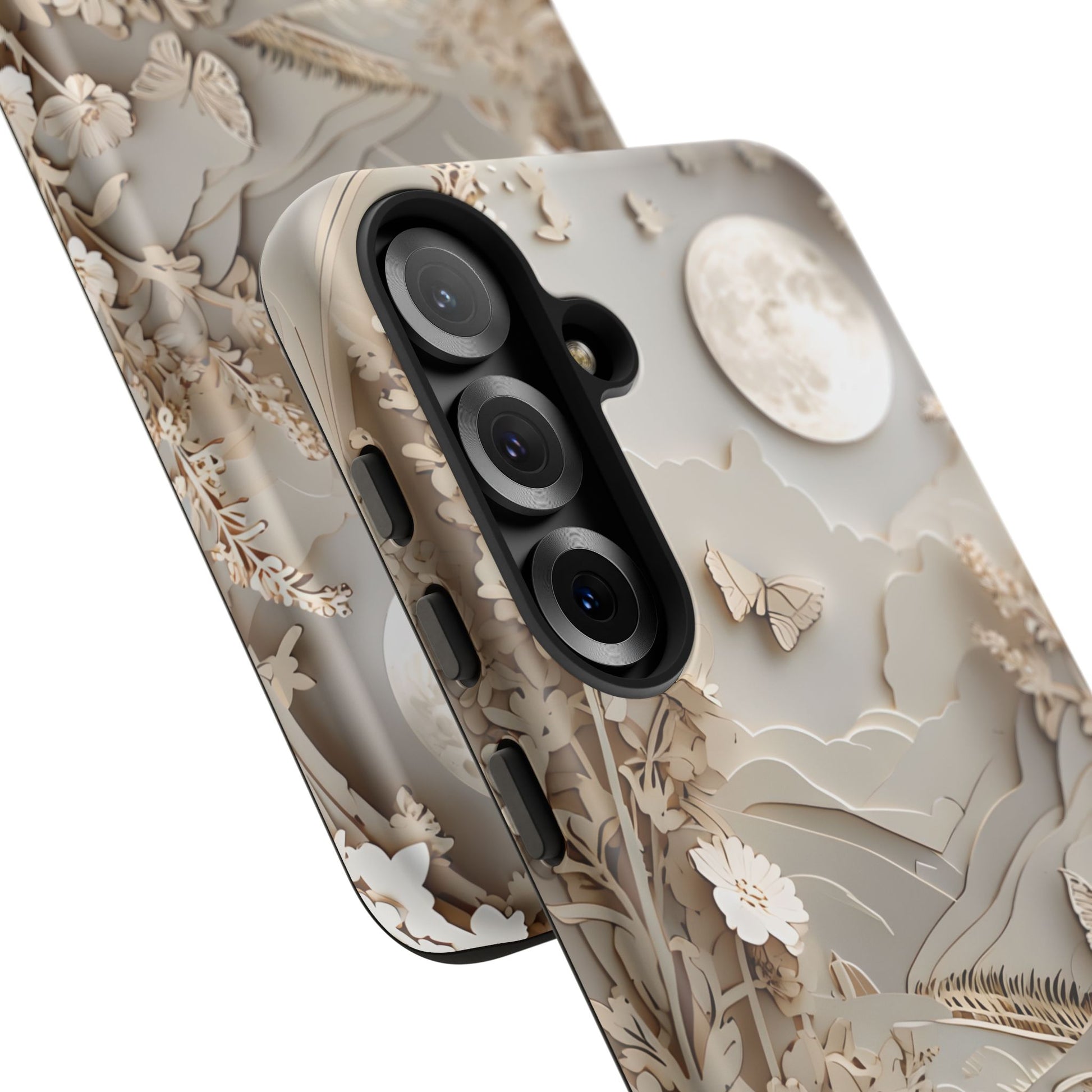 Moonlit Garden - Elegant Neutral Floral Samsung Galaxy S25 Plus Tough Phone Case - Painterly Botanical & Moon Design
