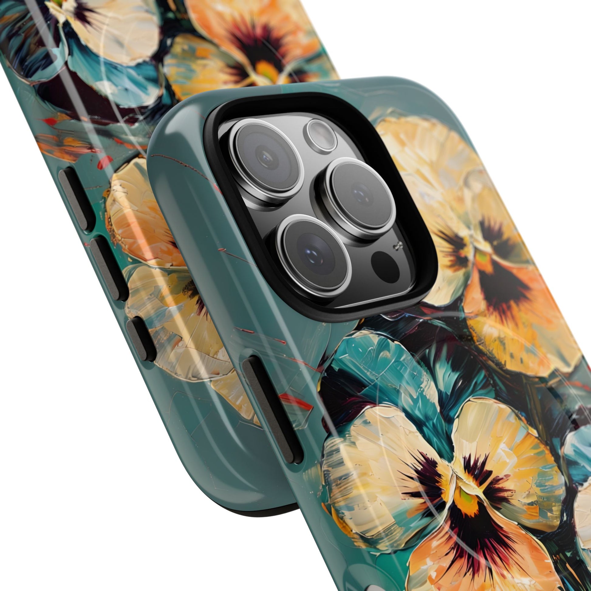Golden Pansy Cascade - Elegant Floral iPhone 16 Pro MagSafe Case with Deep Teal Background