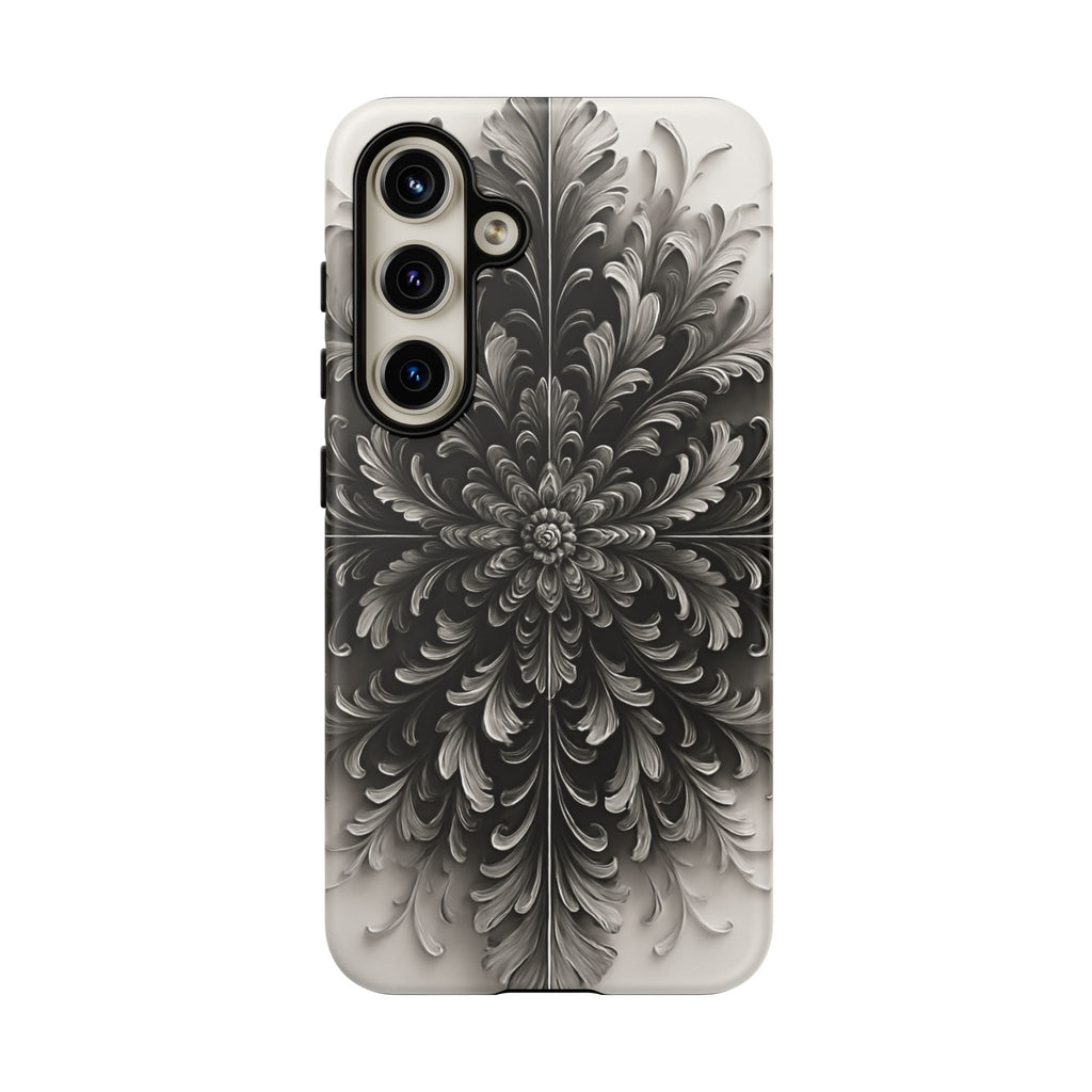 Obsidian Bloom - Elegant Black & White Samsung Galaxy S24 Tough Phone Case - Intricate Mandala Flower Design