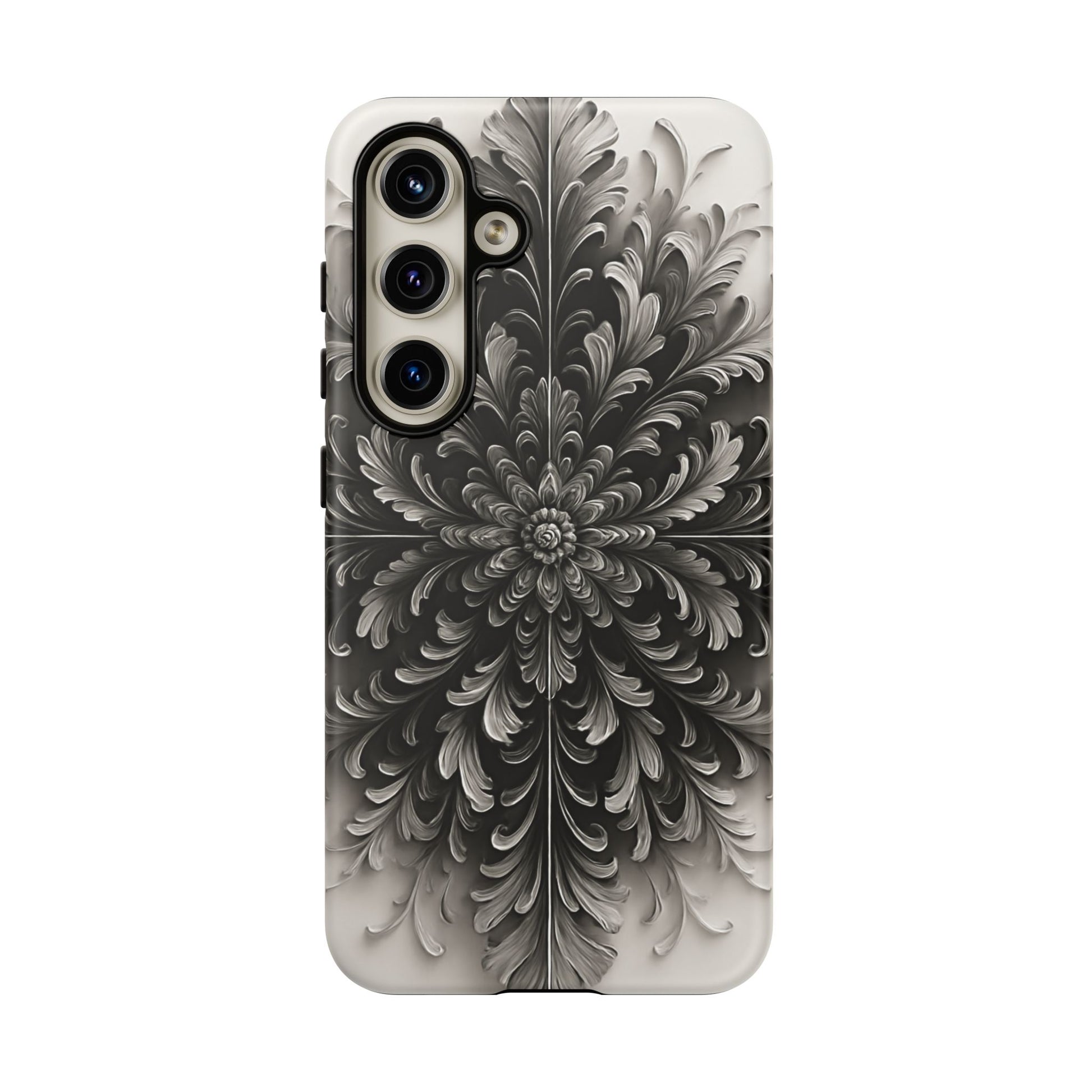 Obsidian Bloom - Elegant Black & White Samsung Galaxy S24 Tough Phone Case - Intricate Mandala Flower Design