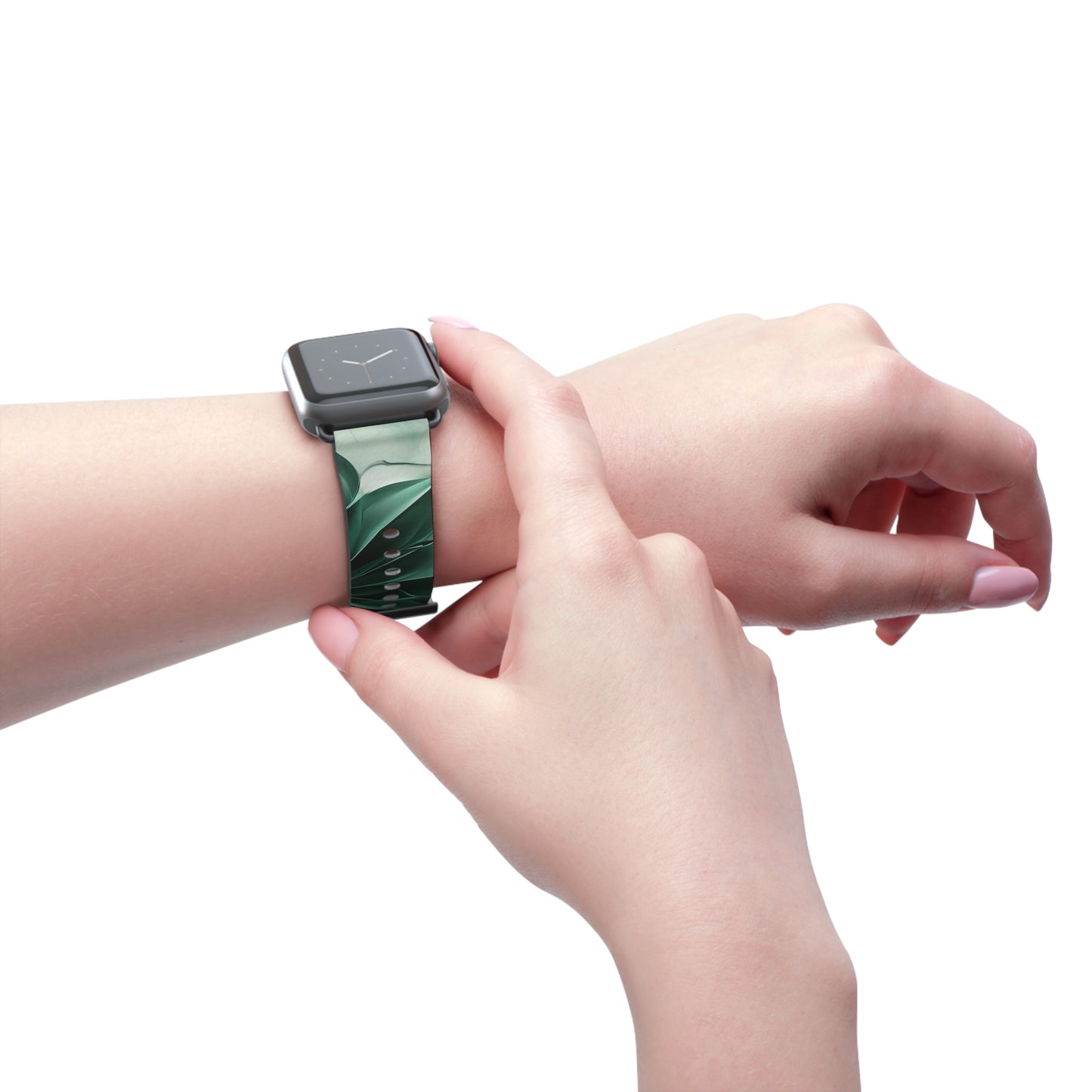 Emerald Bloom Apple Watch band worn on wrist featuring elegant emerald botanical design
