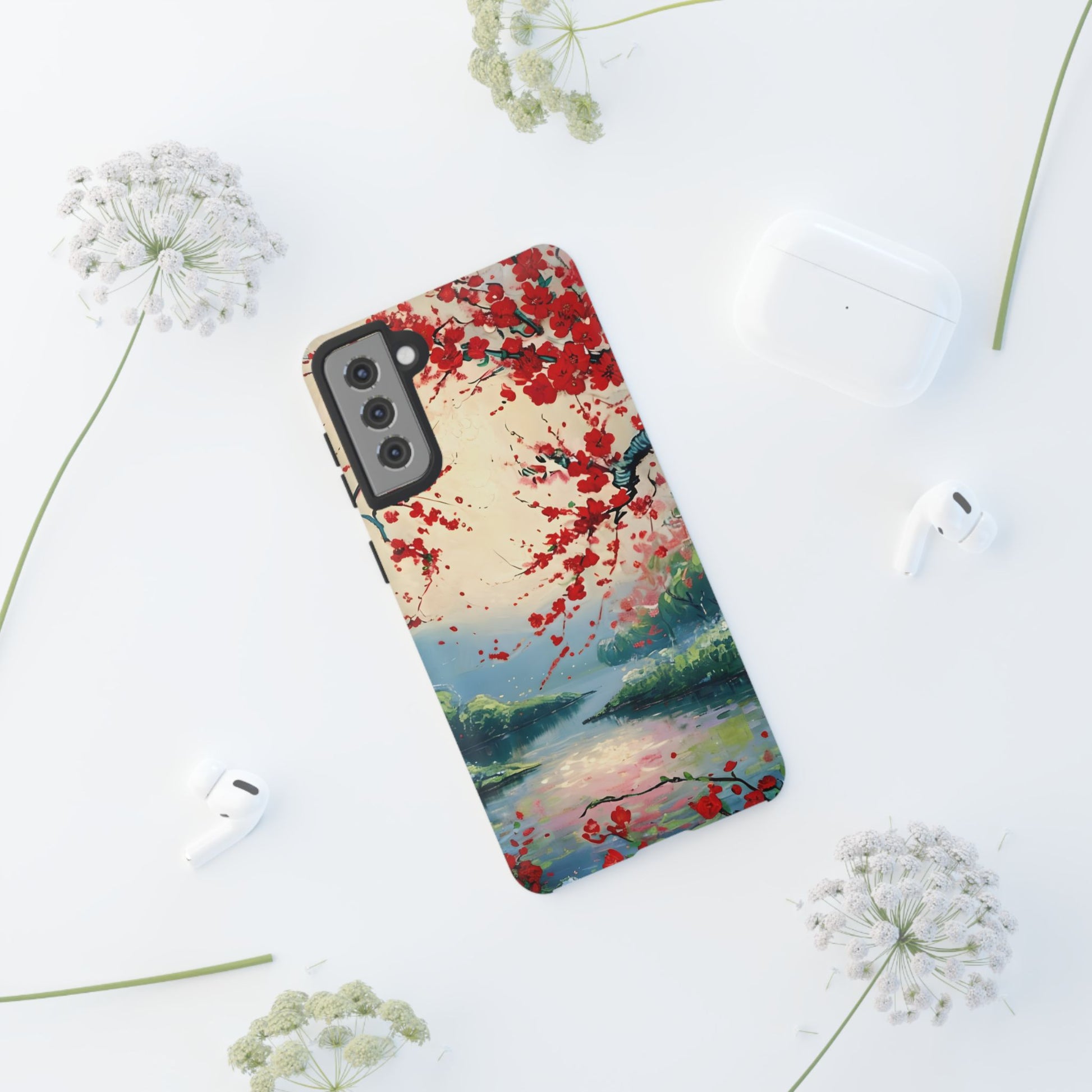 Crimson Blossom Lake - Artistic Floral Landscape Samsung Galaxy S21 Plus Tough Phone Case - Red Cherry Blossoms & Serene Lake Design