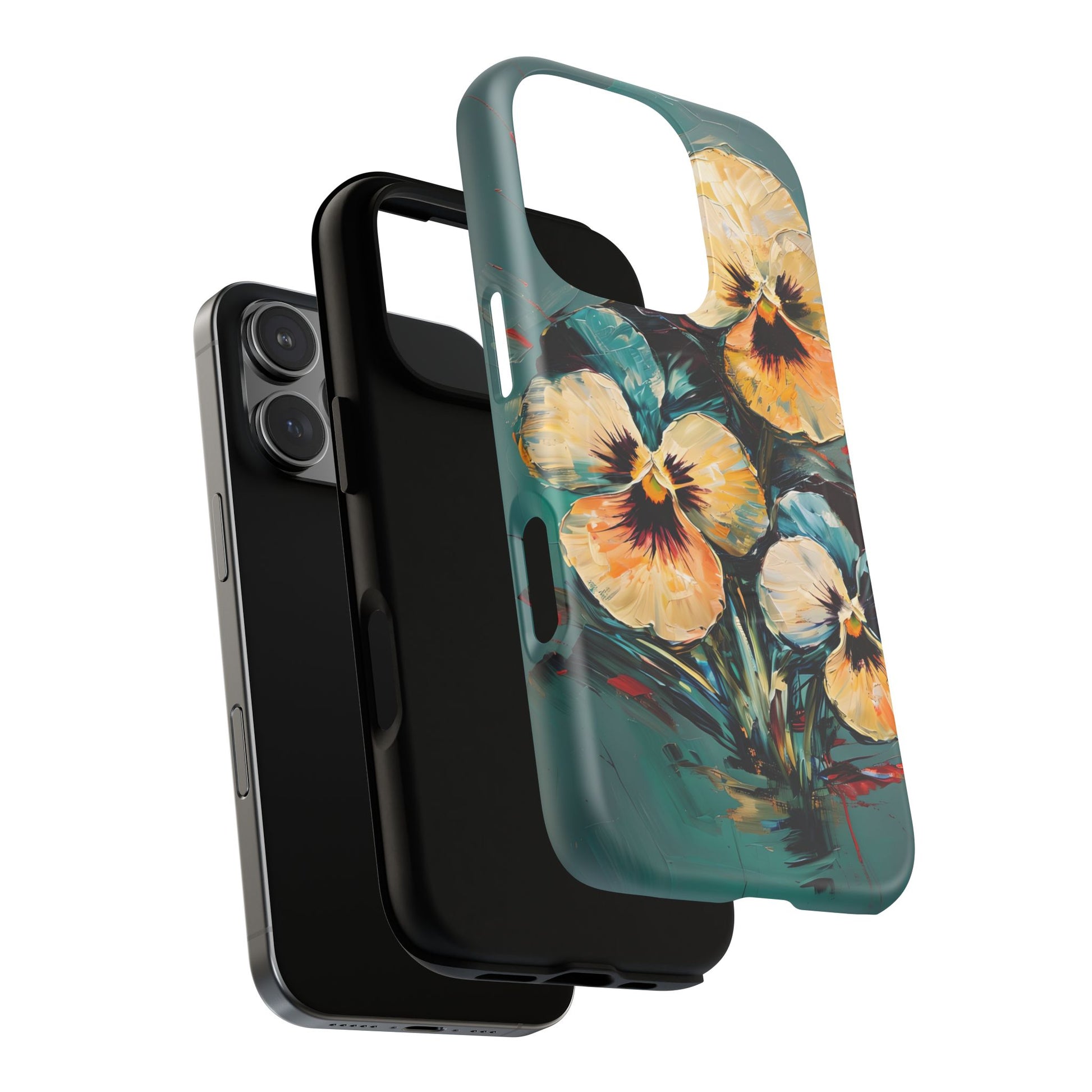 Golden Pansy Cascade - Elegant Floral iPhone 16 Pro MagSafe Case with Deep Teal Background