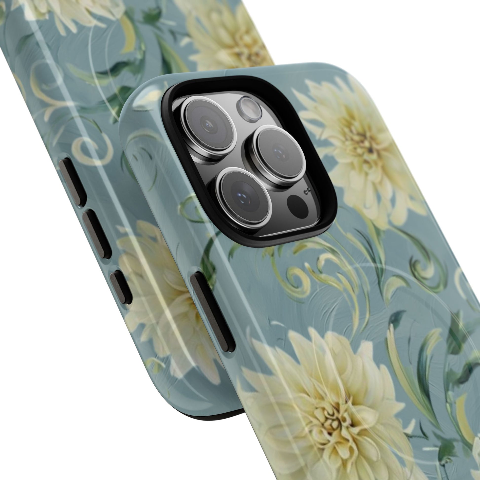 Golden Dahlia Trio - Elegant Floral iPhone 16 Pro Max MagSafe Phone Case - Artistic White & Blue Dahlia Design