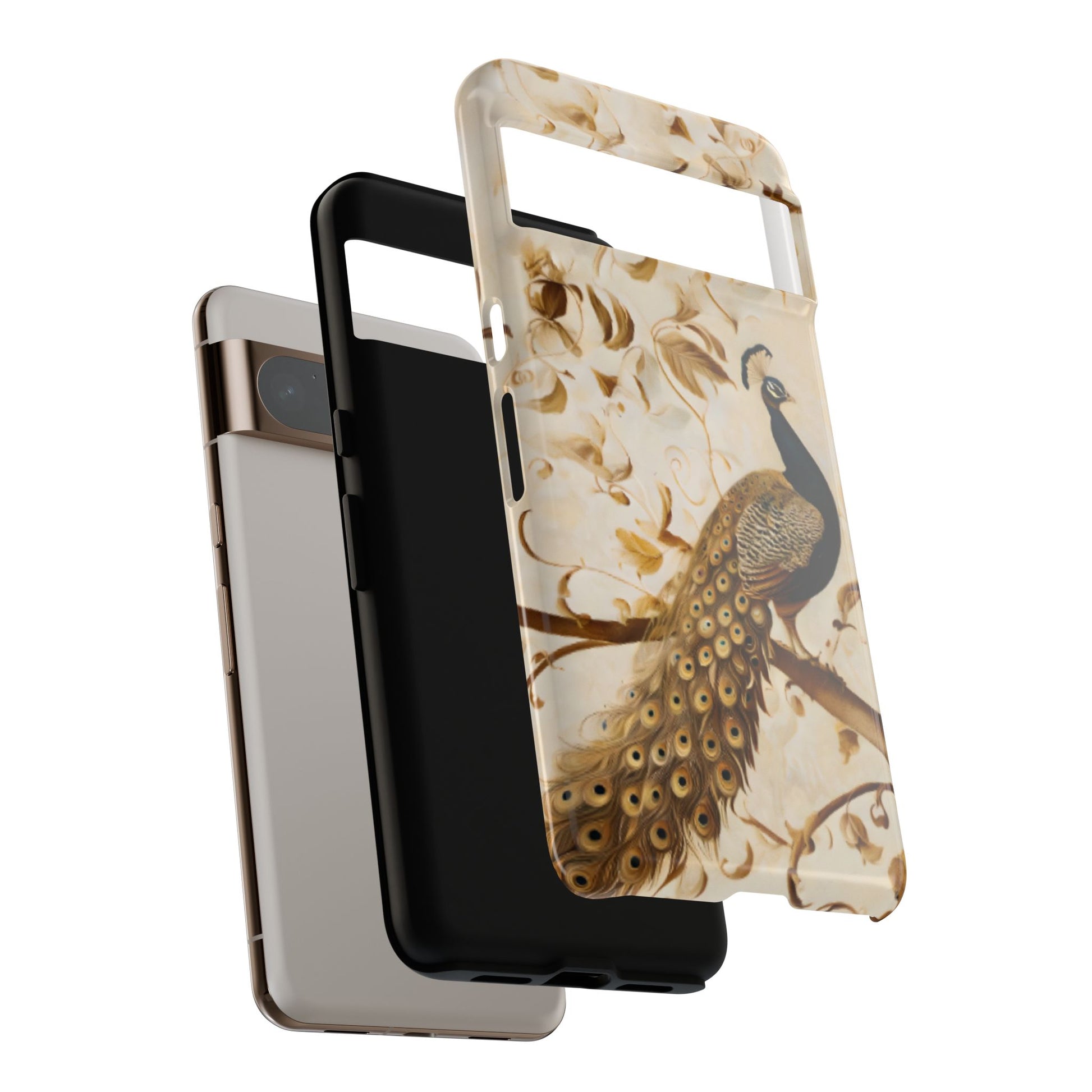 Golden Plumage shockproof dual layer Google Pixel phone case with peacock feather design
