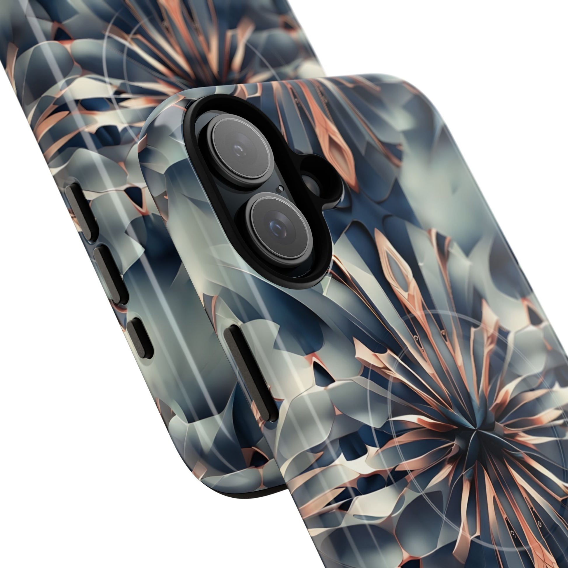 Obsidian Kaleidoscope Artistic Floral Burst - iPhone 16 Plus MagSafe Phone Case -Blue, Peach and Silver Symmetrical Design