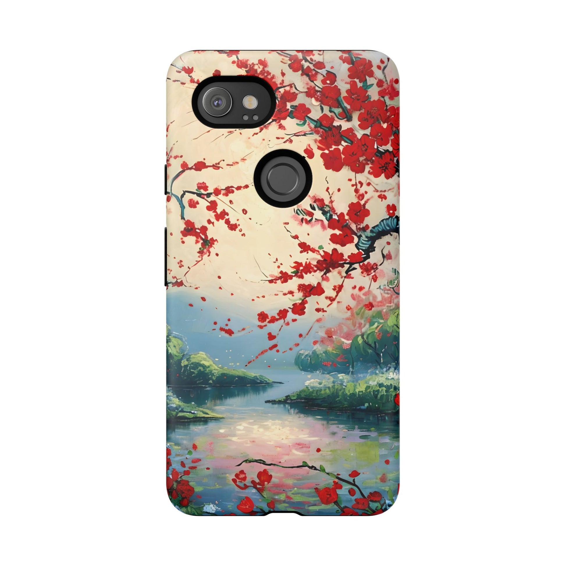 Crimson Blossom Lake - Artistic Floral Landscape Google Pixel 2XL Tough Phone Case - Red Cherry Blossoms & Serene Lake Design