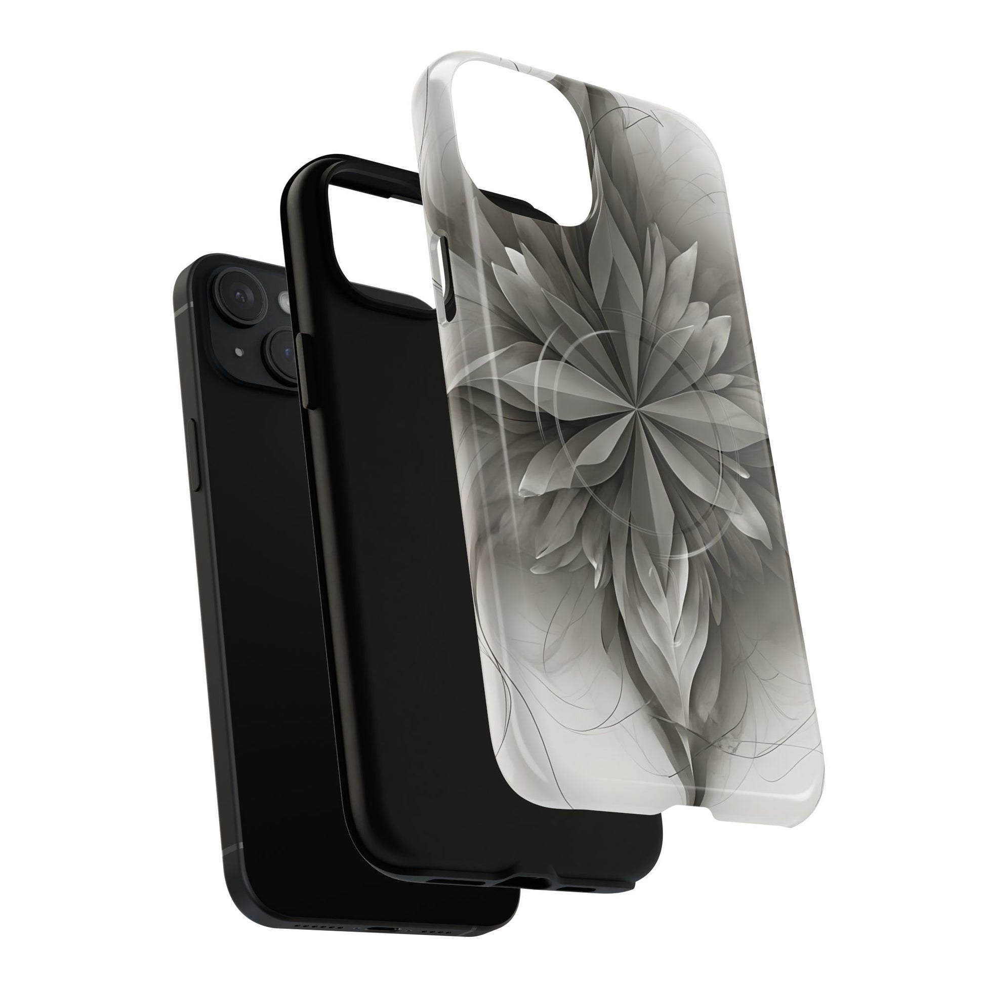 Silver Lotus - Elegant Monochrome Floral iPhone 15 Plus MagSafe Phone Case - Modern Lotus Design