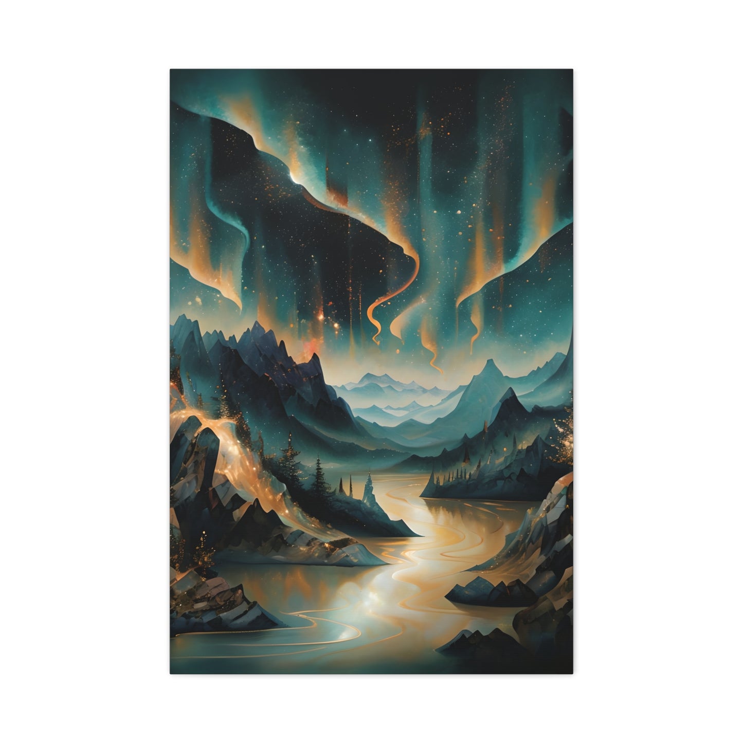 Aurora Dreamscape wall art canvas featuring glowing northern lights above a winding river through a dramatic mountain landscape