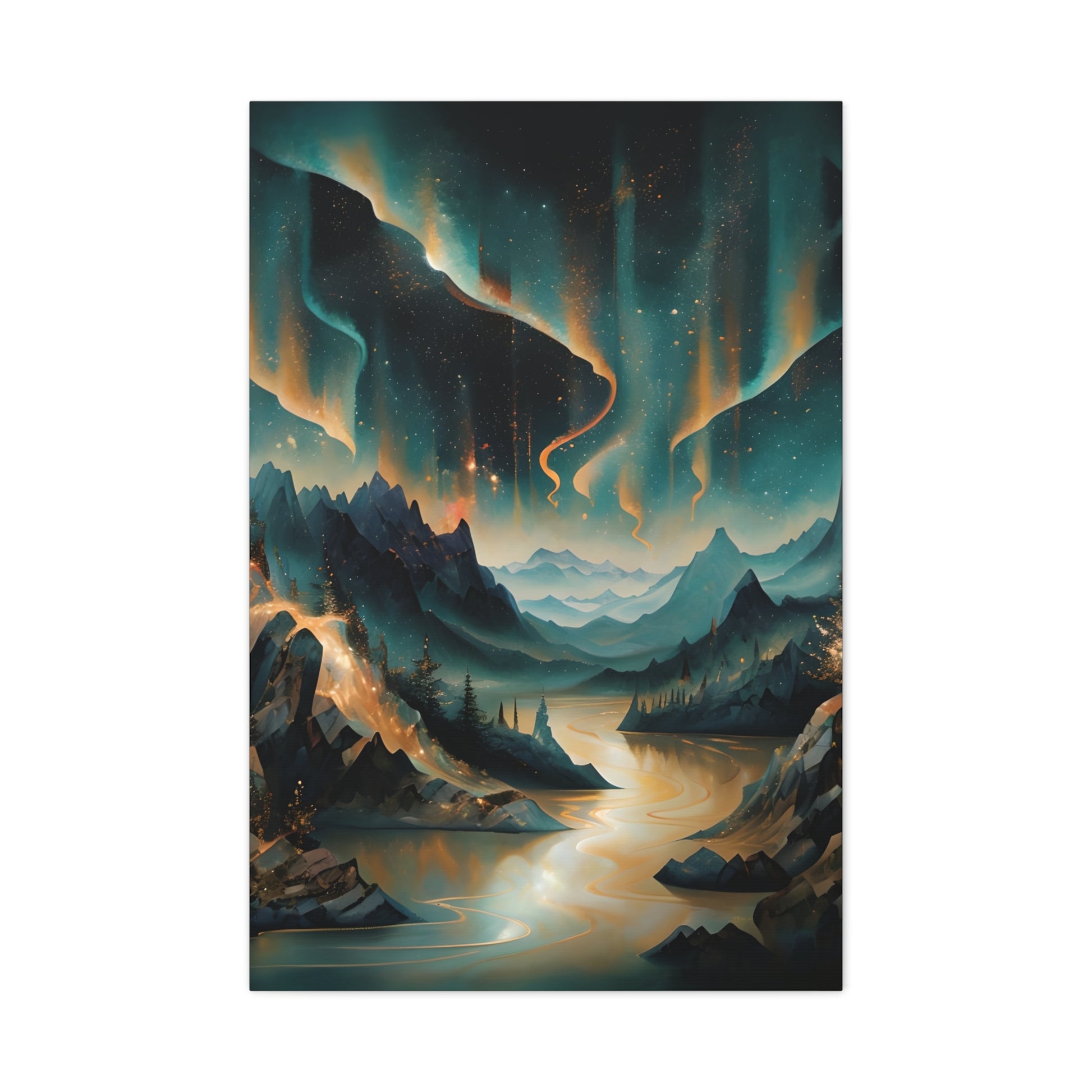 Aurora Dreamscape wall art canvas featuring glowing northern lights above a winding river through a dramatic mountain landscape