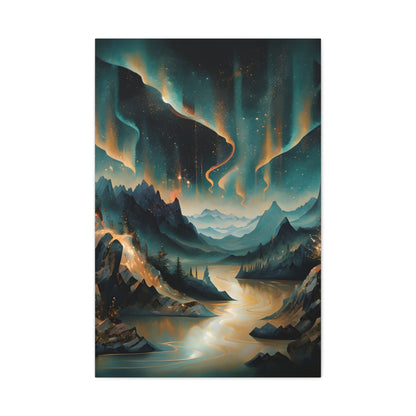 Aurora Dreamscape wall art canvas featuring glowing northern lights above a winding river through a dramatic mountain landscape