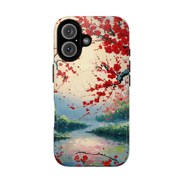 Crimson Blossom Lake - Artistic Floral Landscape iPhone 16 MagSafe Phone Case - Red Cherry Blossoms & Serene Lake Design