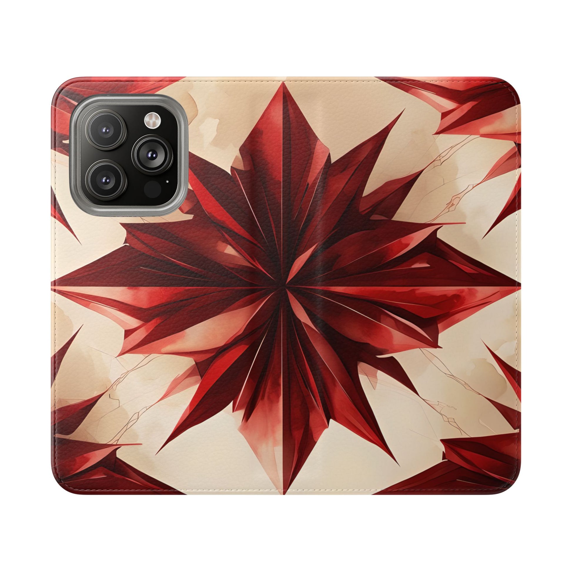 Ruby Compass iPhone 14 Pro Wallet Case - Bold Geometric Flip Cover with Card Slots