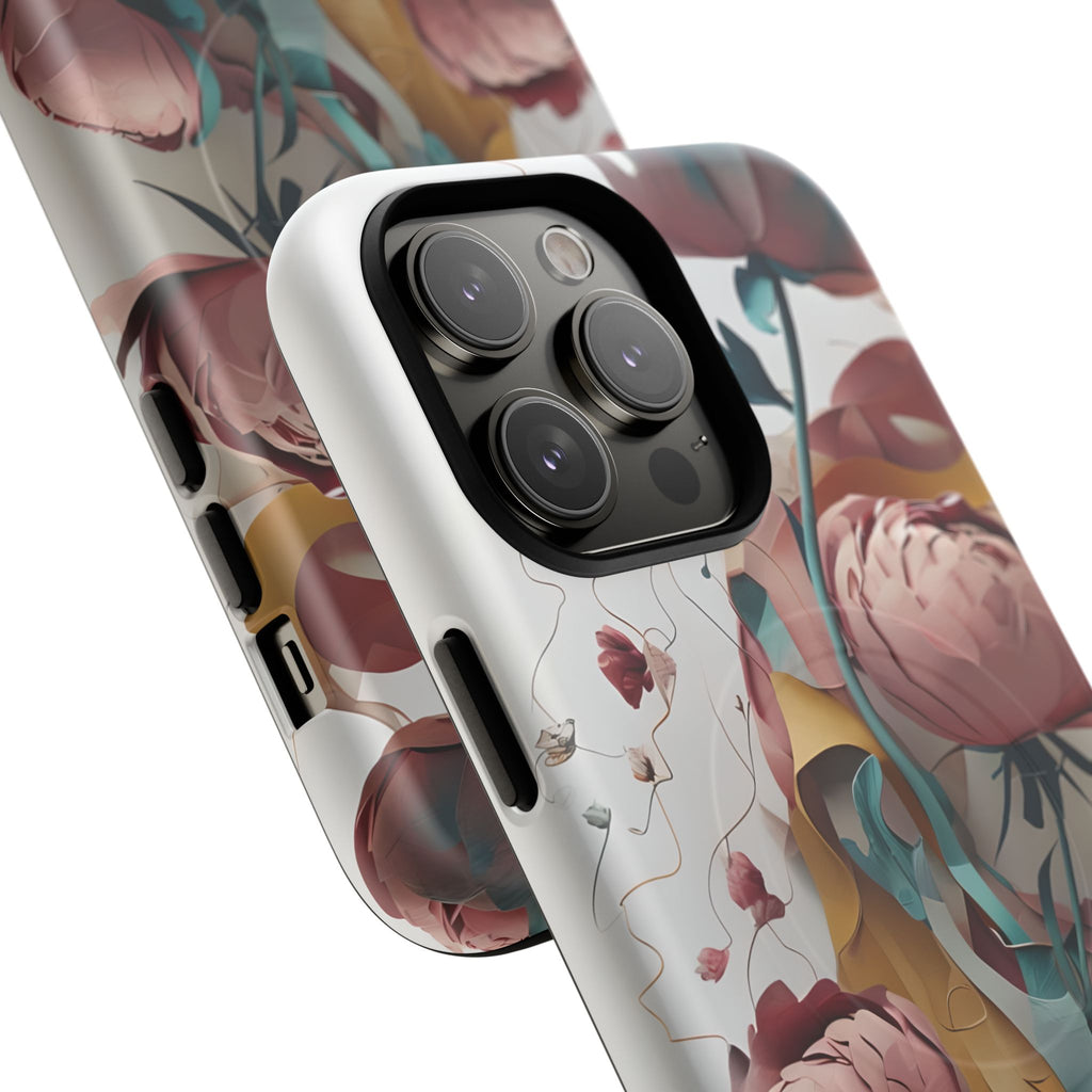 Blushing Peony Veil - Elegant Painterly Floral iPhone 14 Pro Max MagSafe Phone Case - Soft Blush & Teal Peony Design