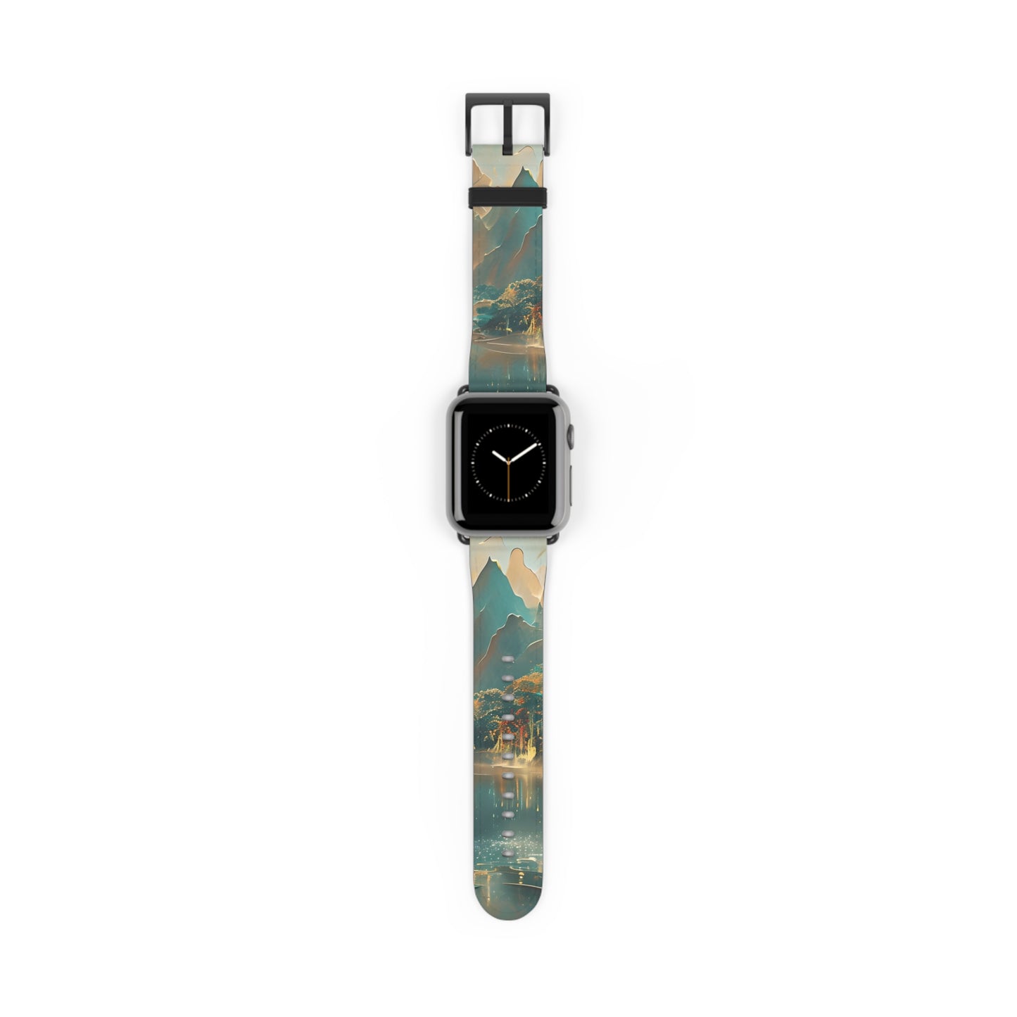 Misty Horizon Apple Watch band with watch face featuring layered mountain landscape with misty sky in teal and gold tones